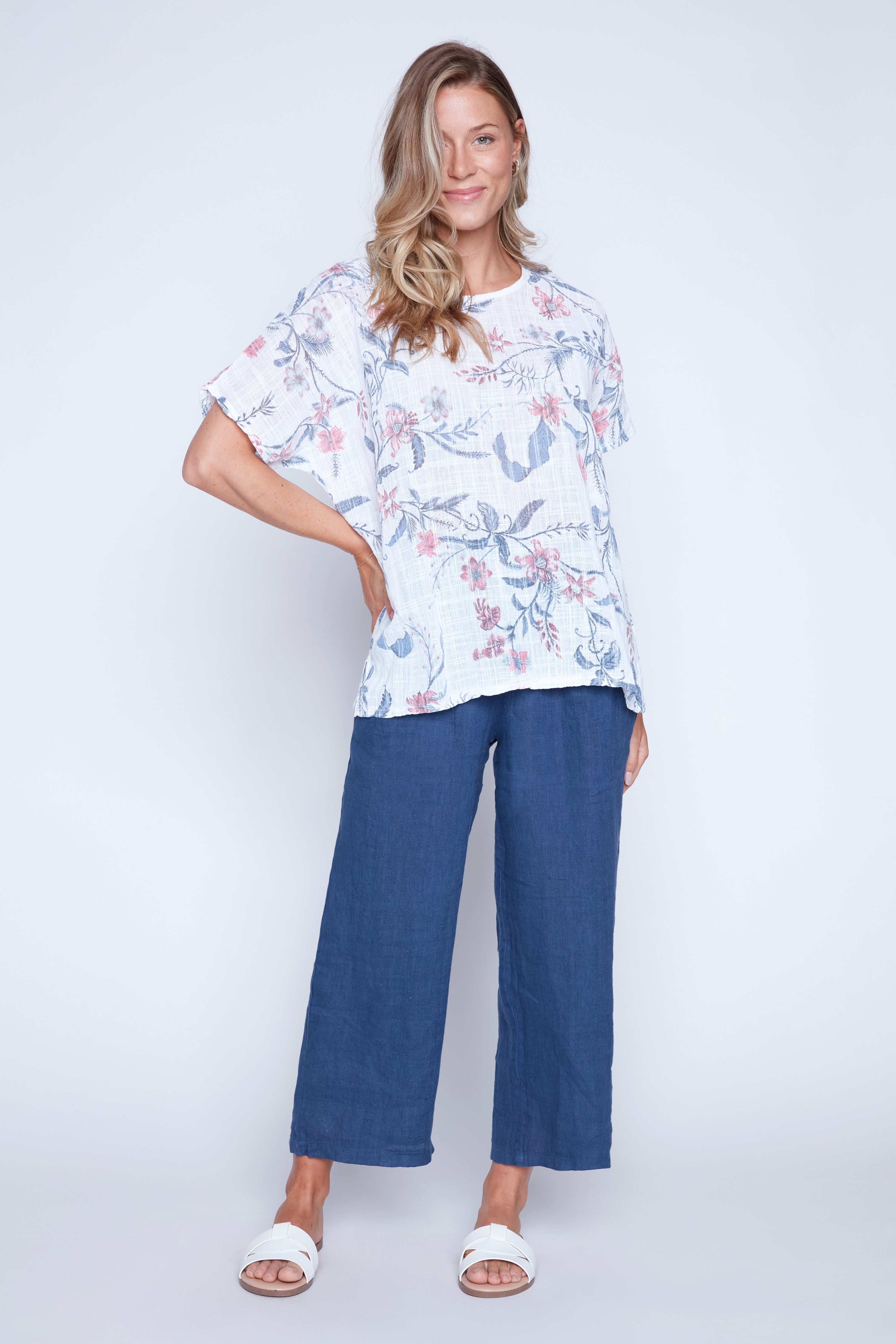 Floral print cotton gauze top