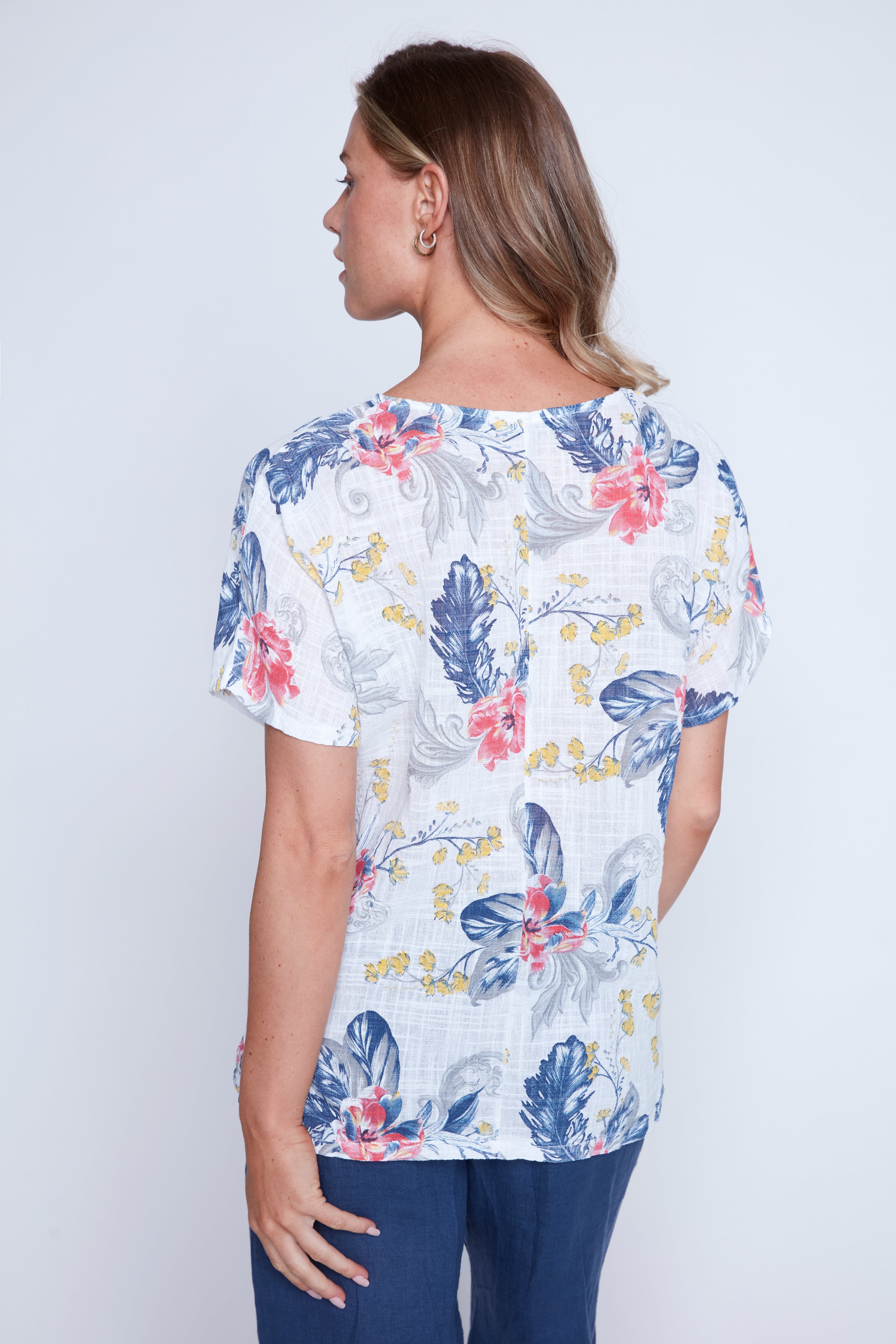 Feather floral print cotton gauze top