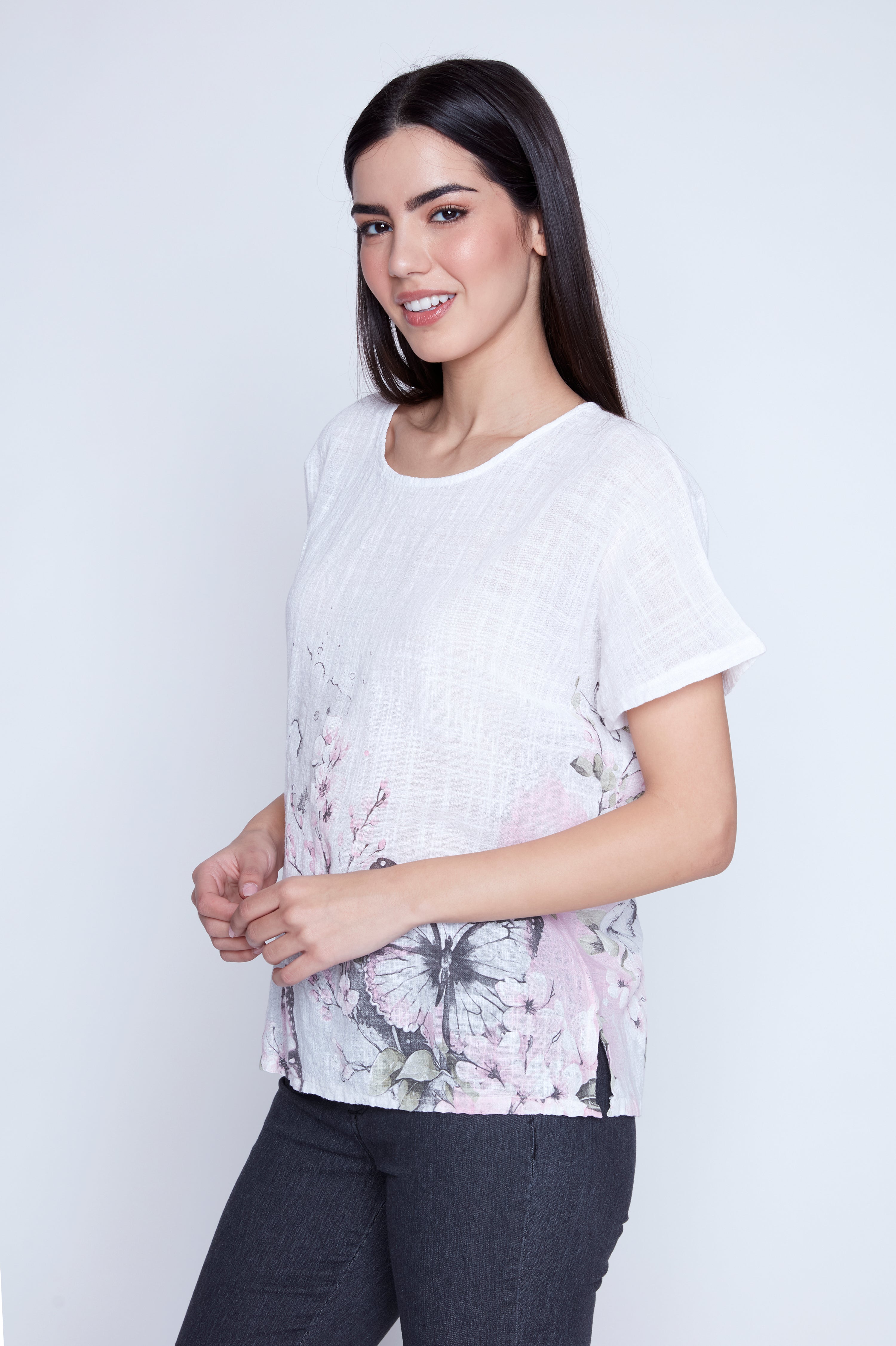 Butterfly print cotton gauze top