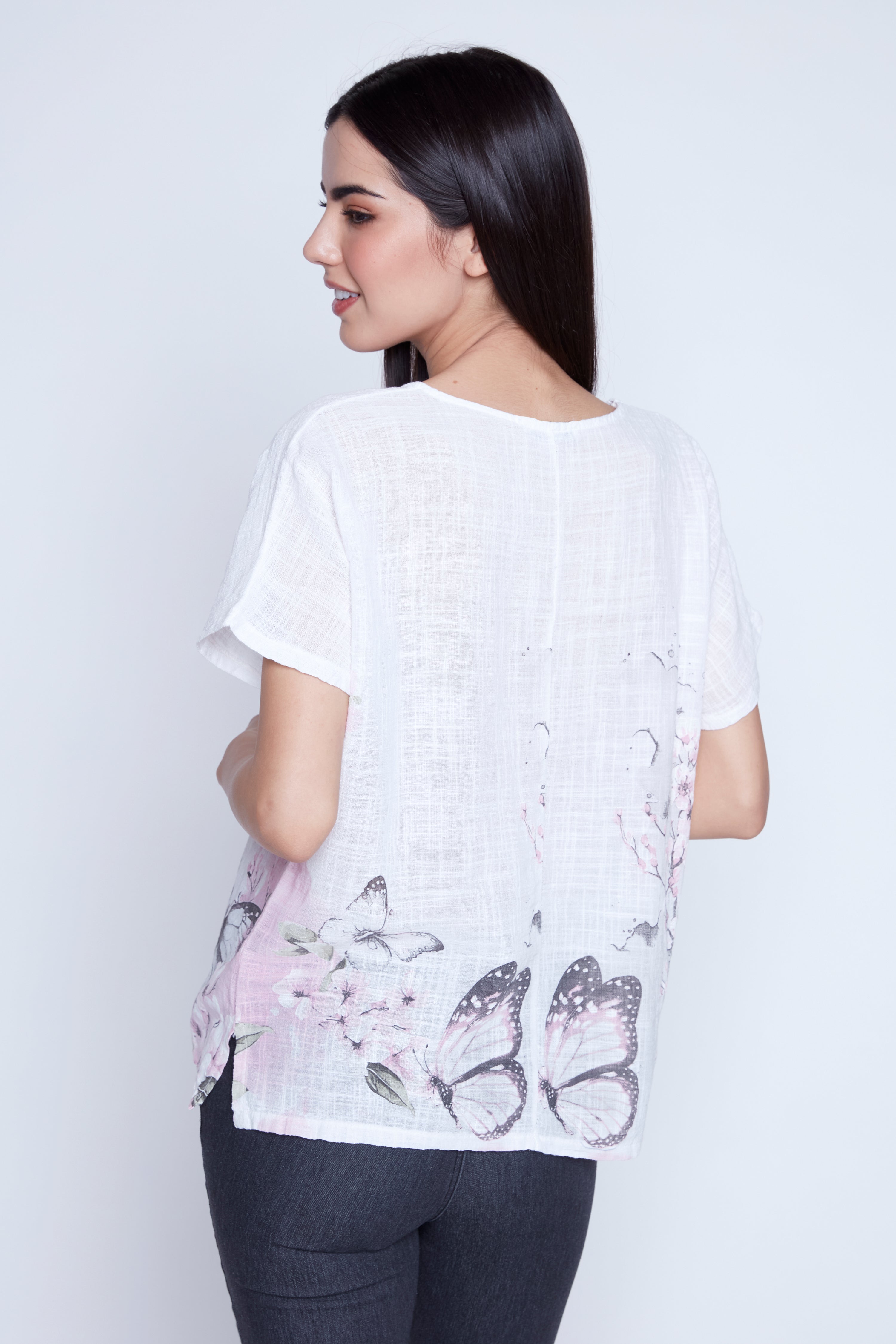 Butterfly print cotton gauze top