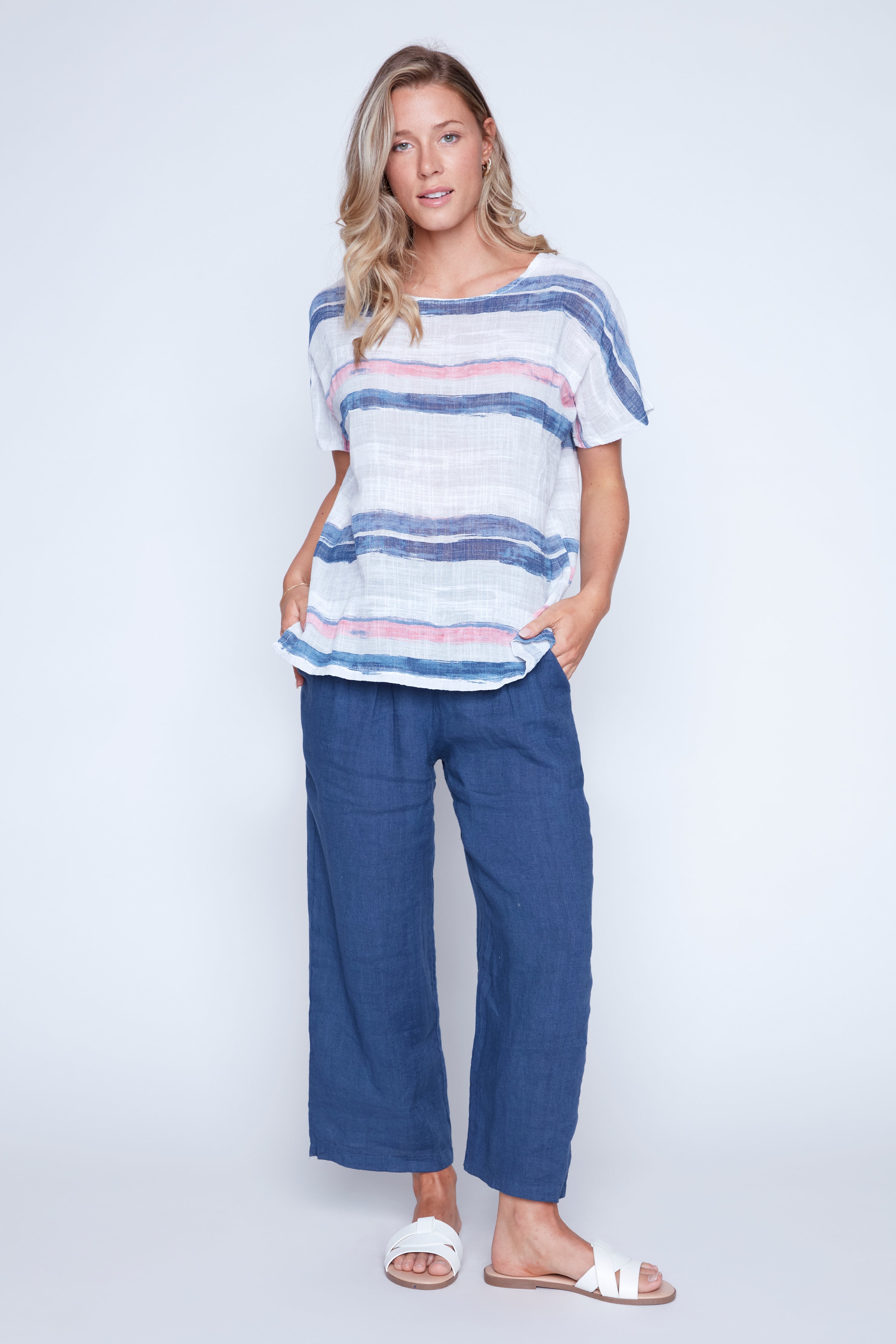 Horizontal stripe cotton gauze top