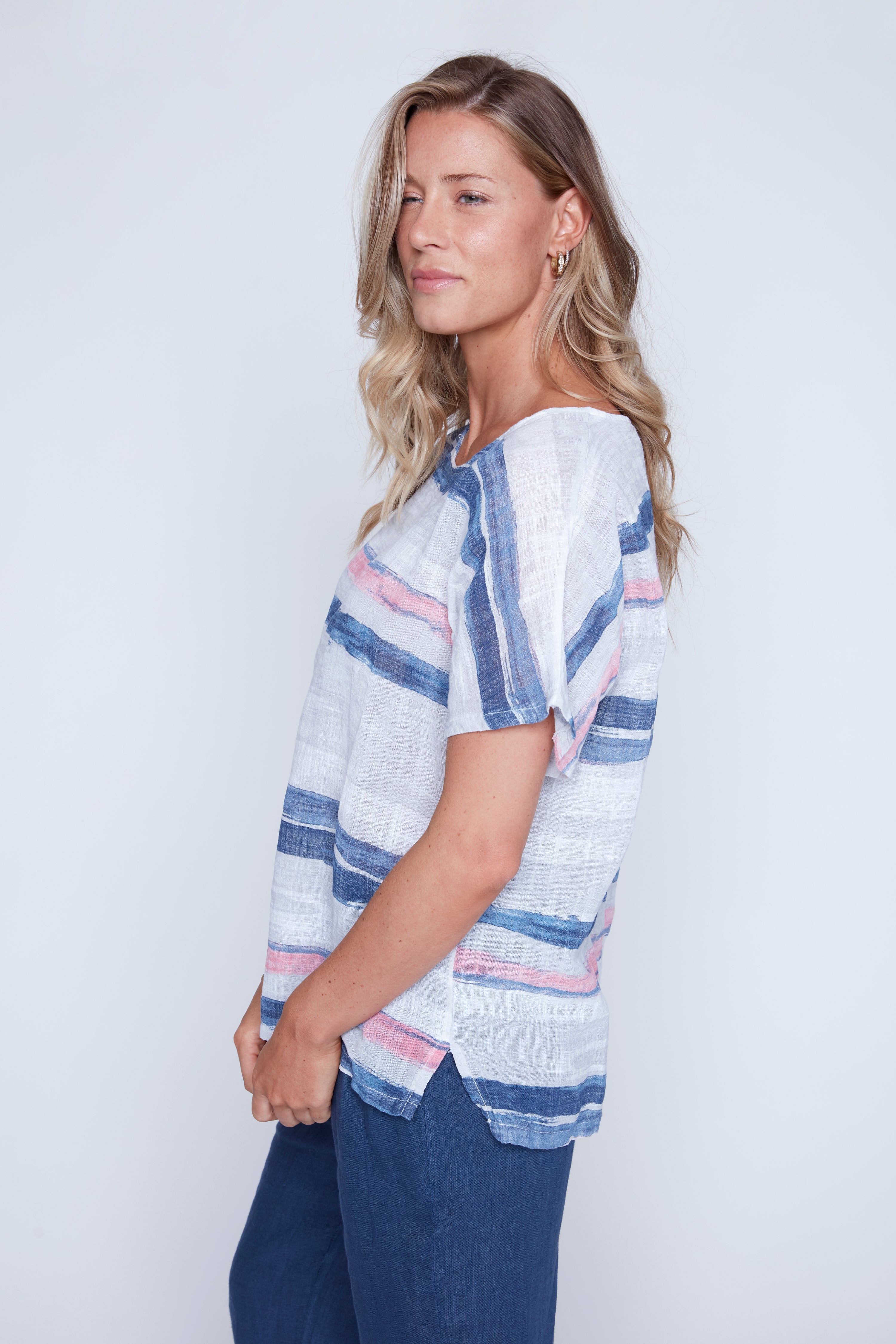 Horizontal stripe cotton gauze top