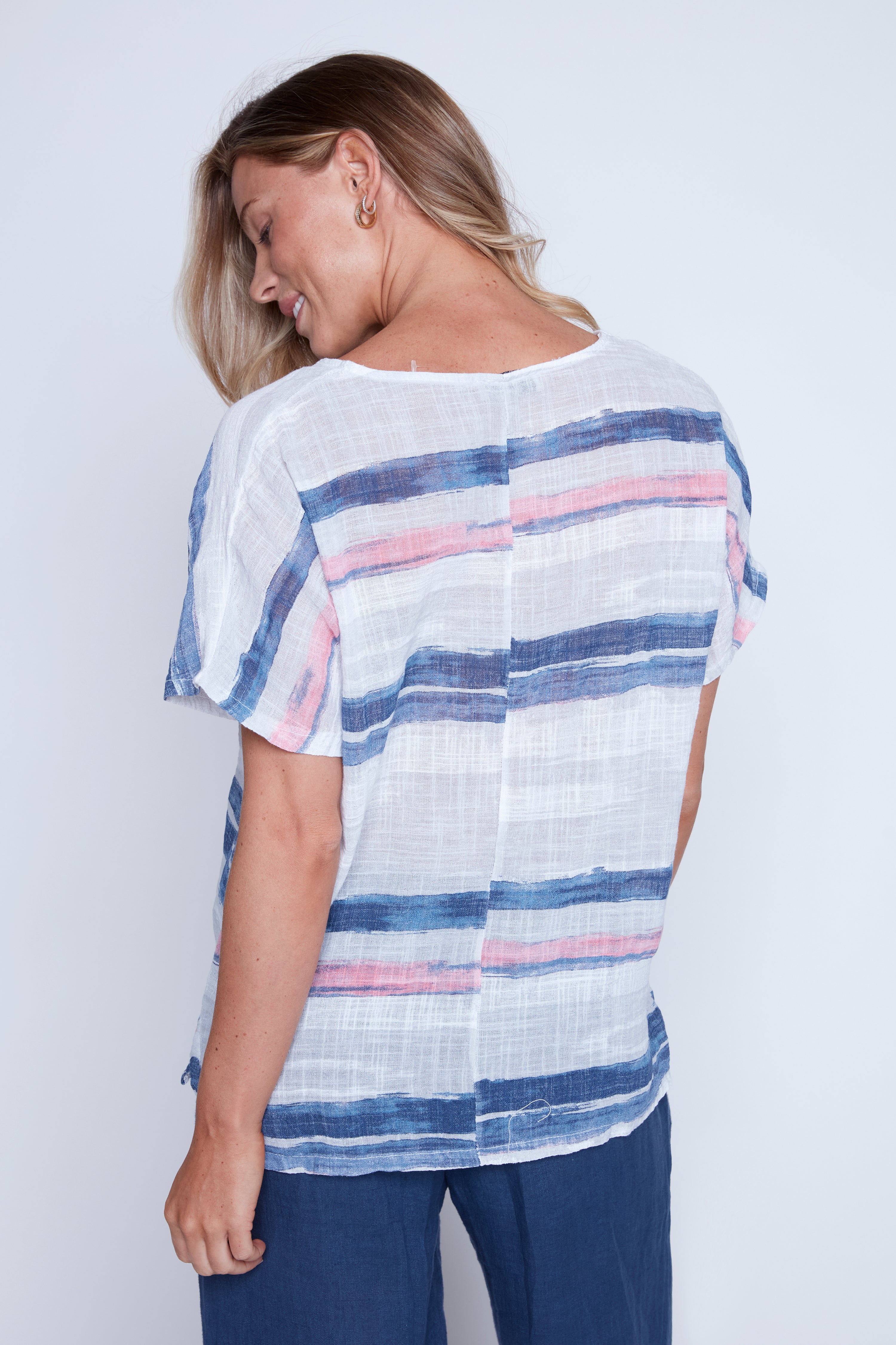 Horizontal stripe cotton gauze top