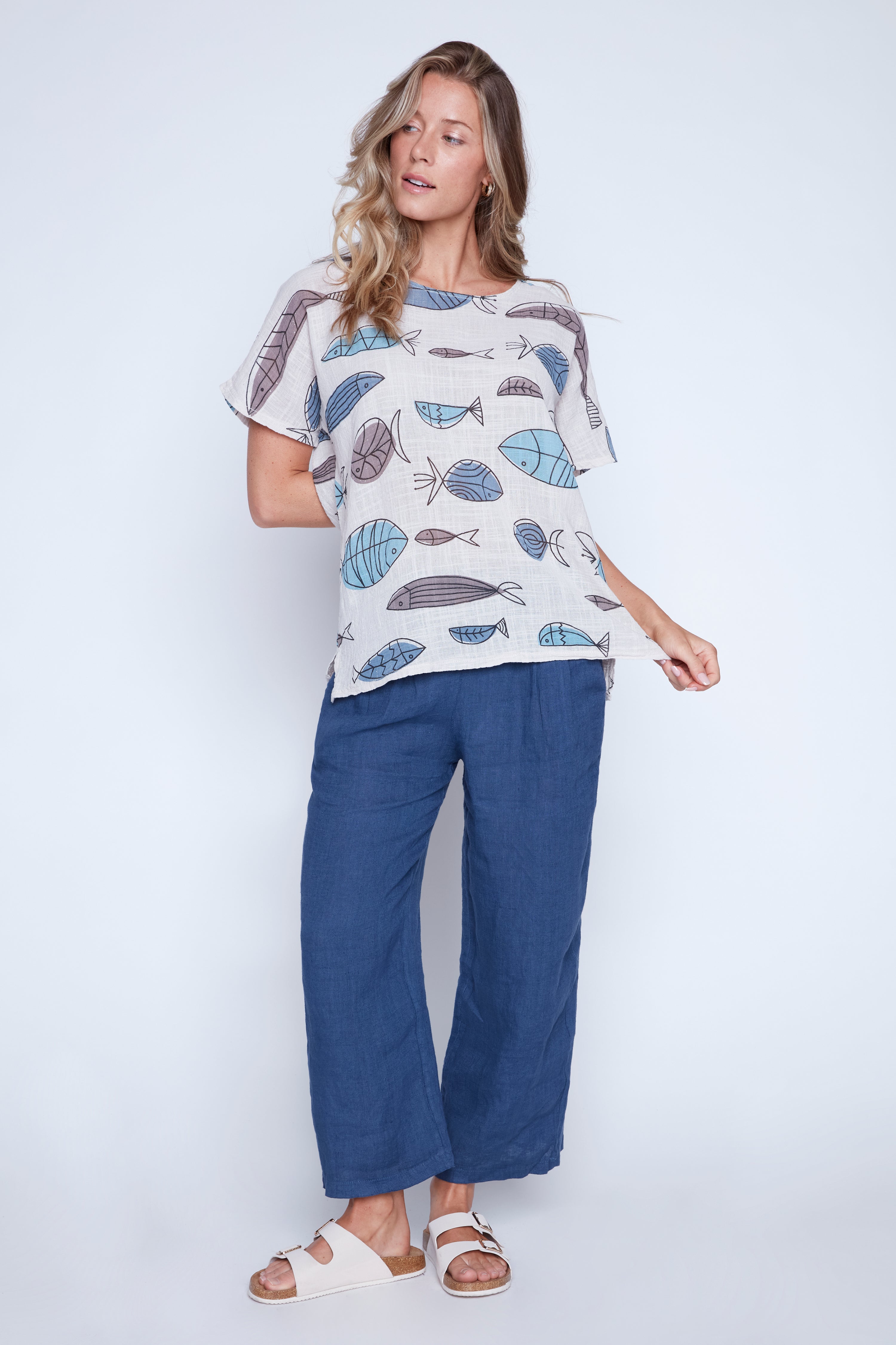 Fish print cotton gauze top