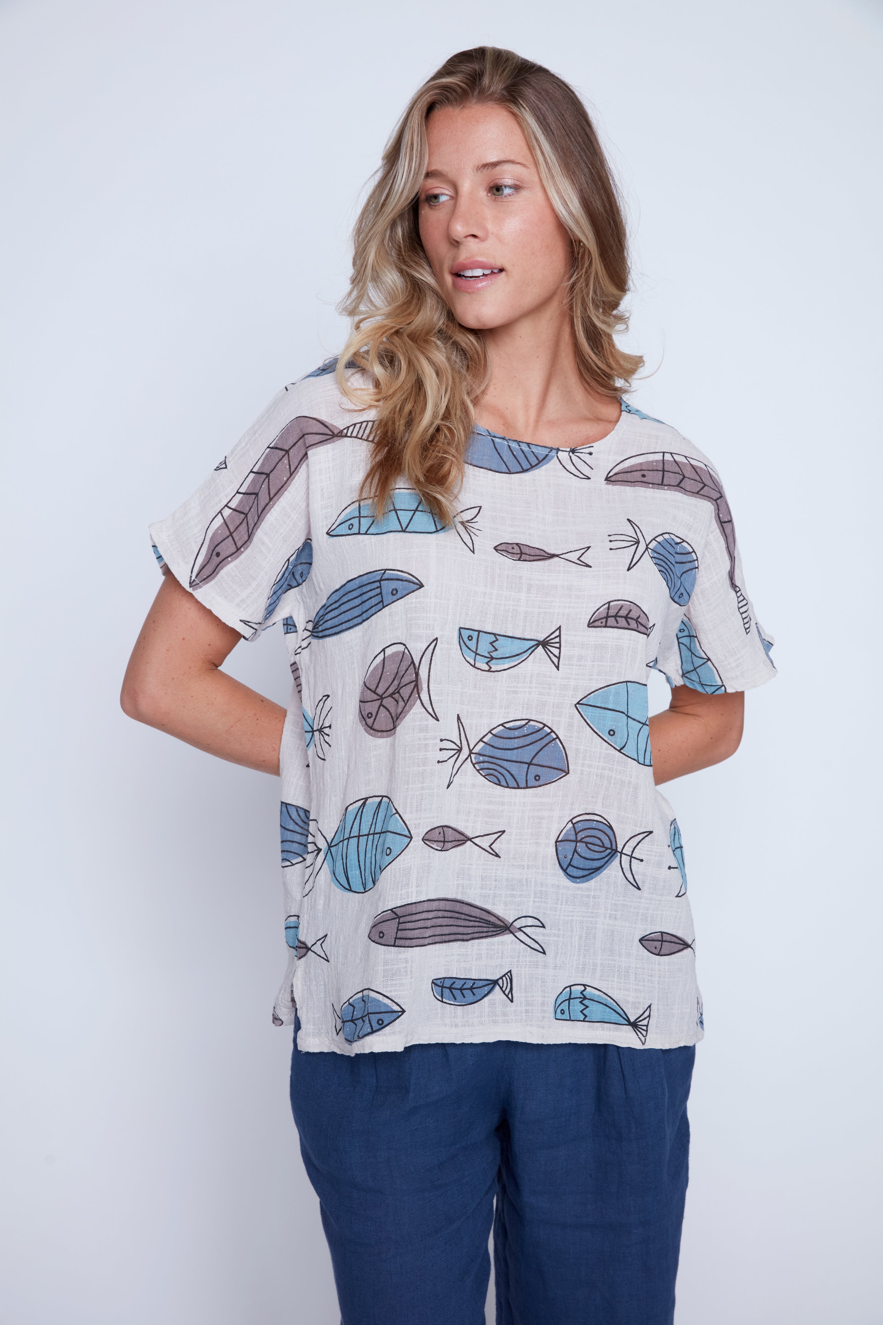 Fish print cotton gauze top