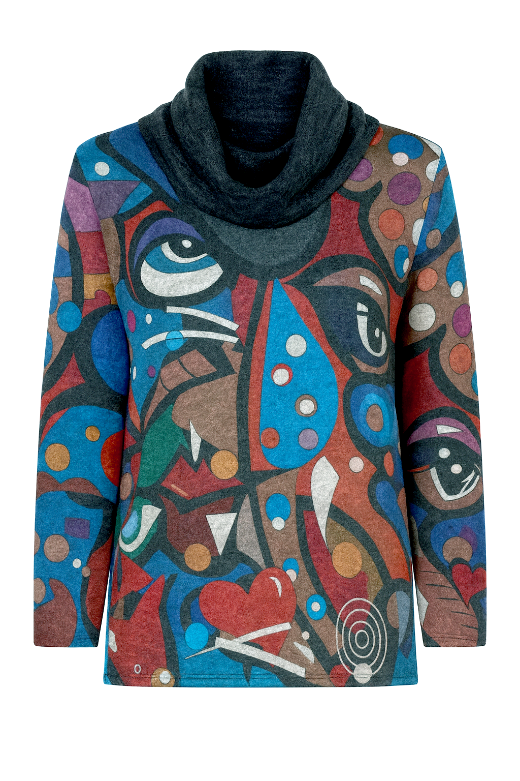 Faces in color print tunic with scarf