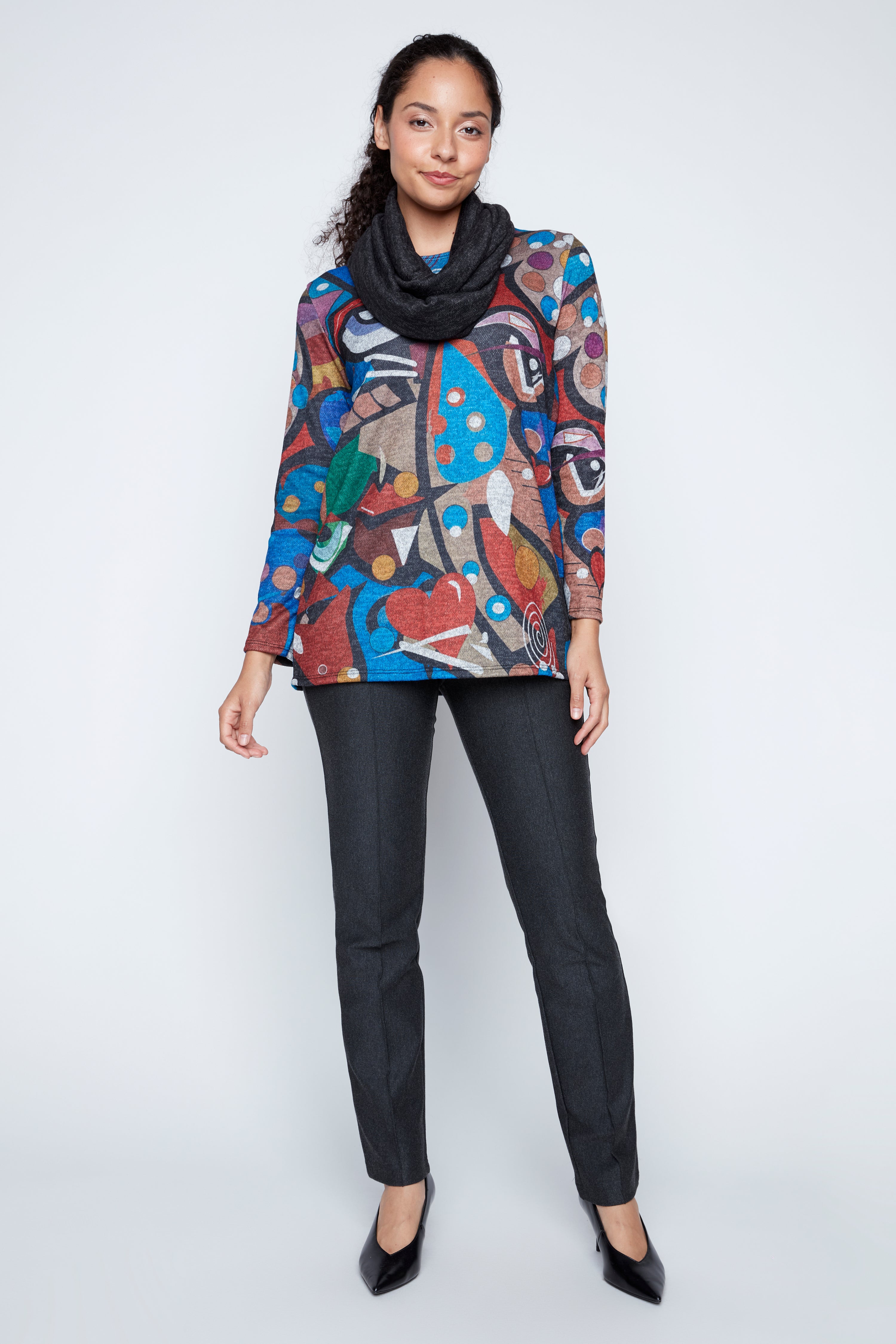 Faces in color print tunic with scarf