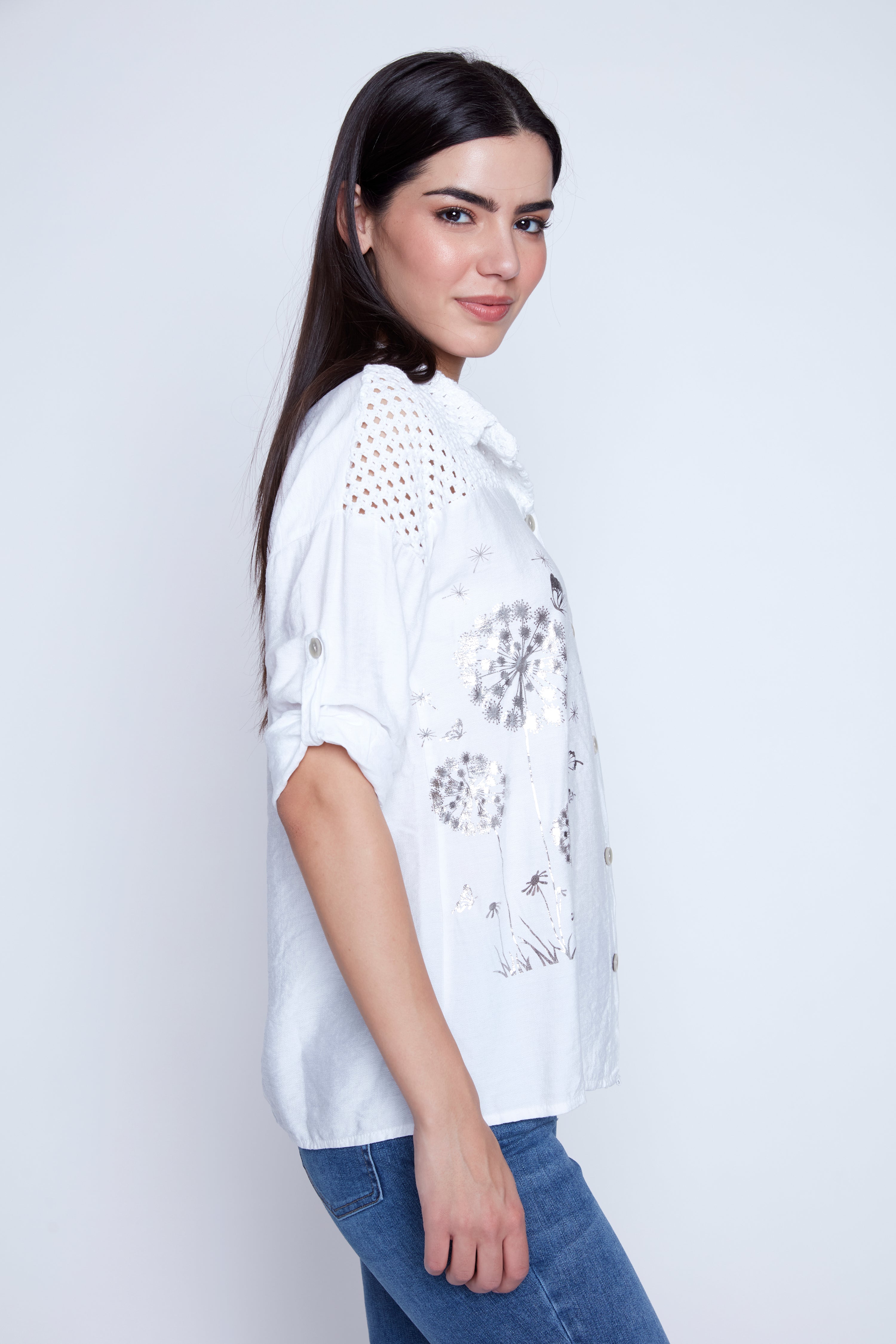 Air flow blouse with crochet trim
