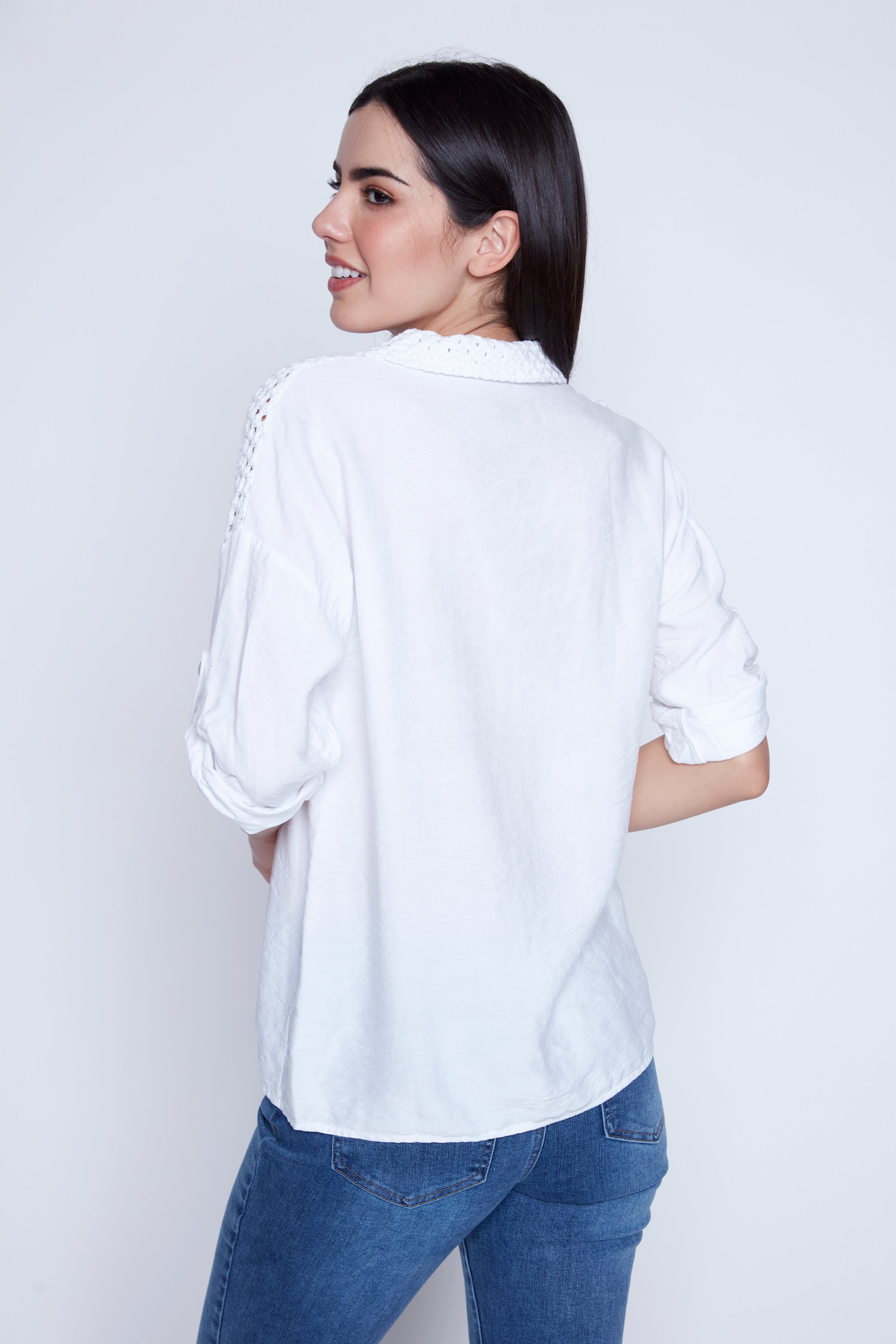 Air flow blouse with crochet trim