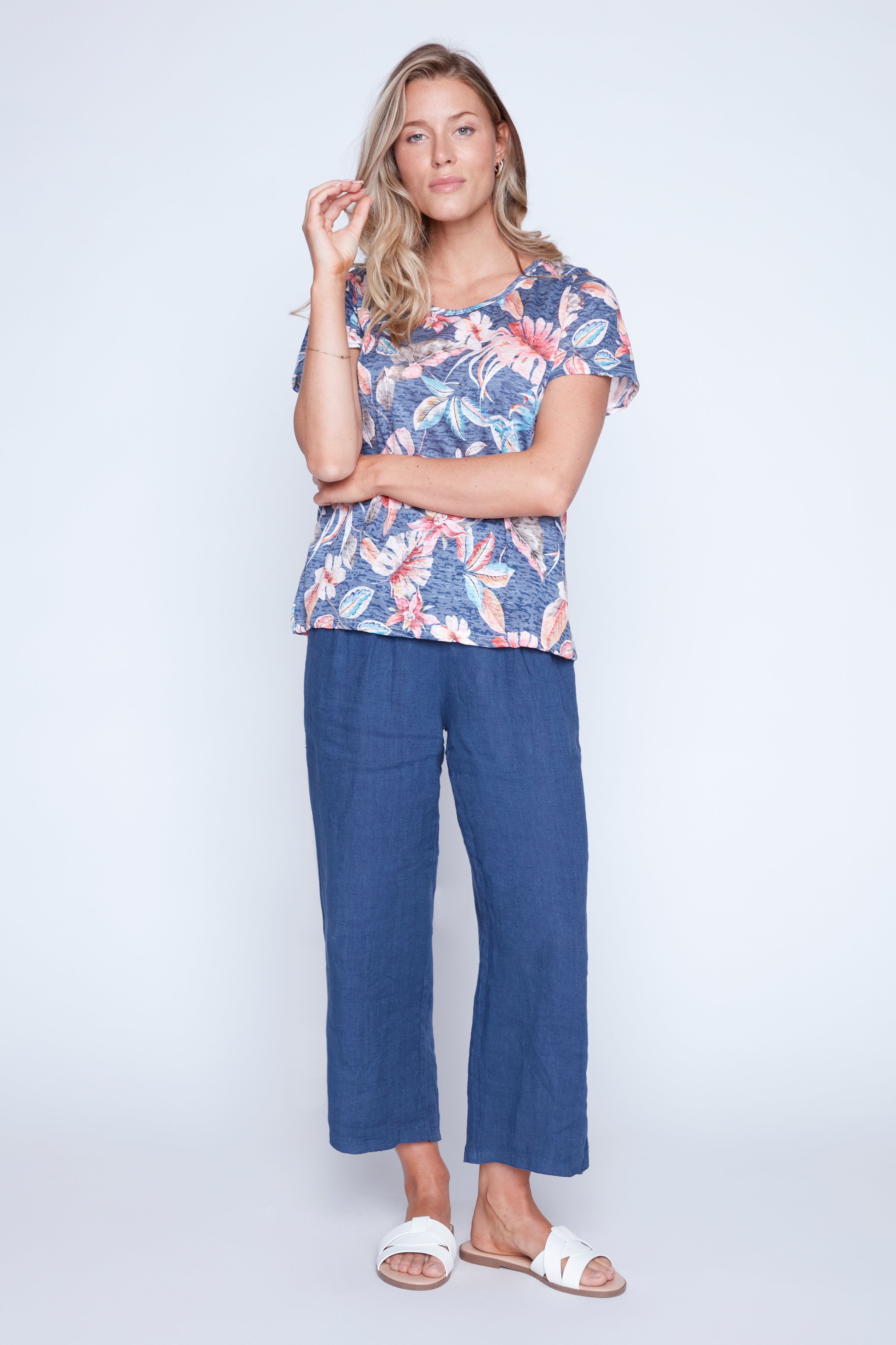 Tropical leaf print burn out t-shirt