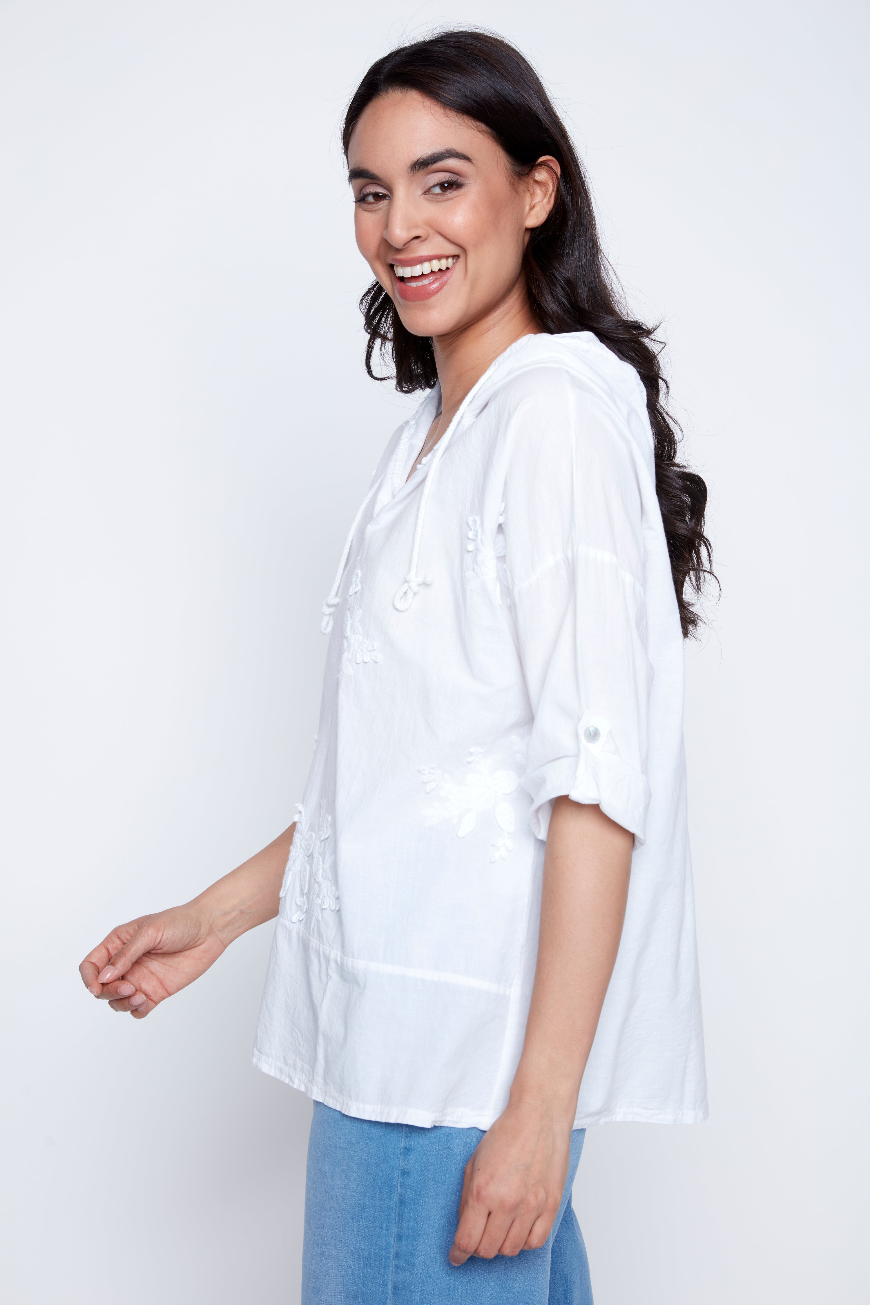 Embroidered cotton blouse with hood
