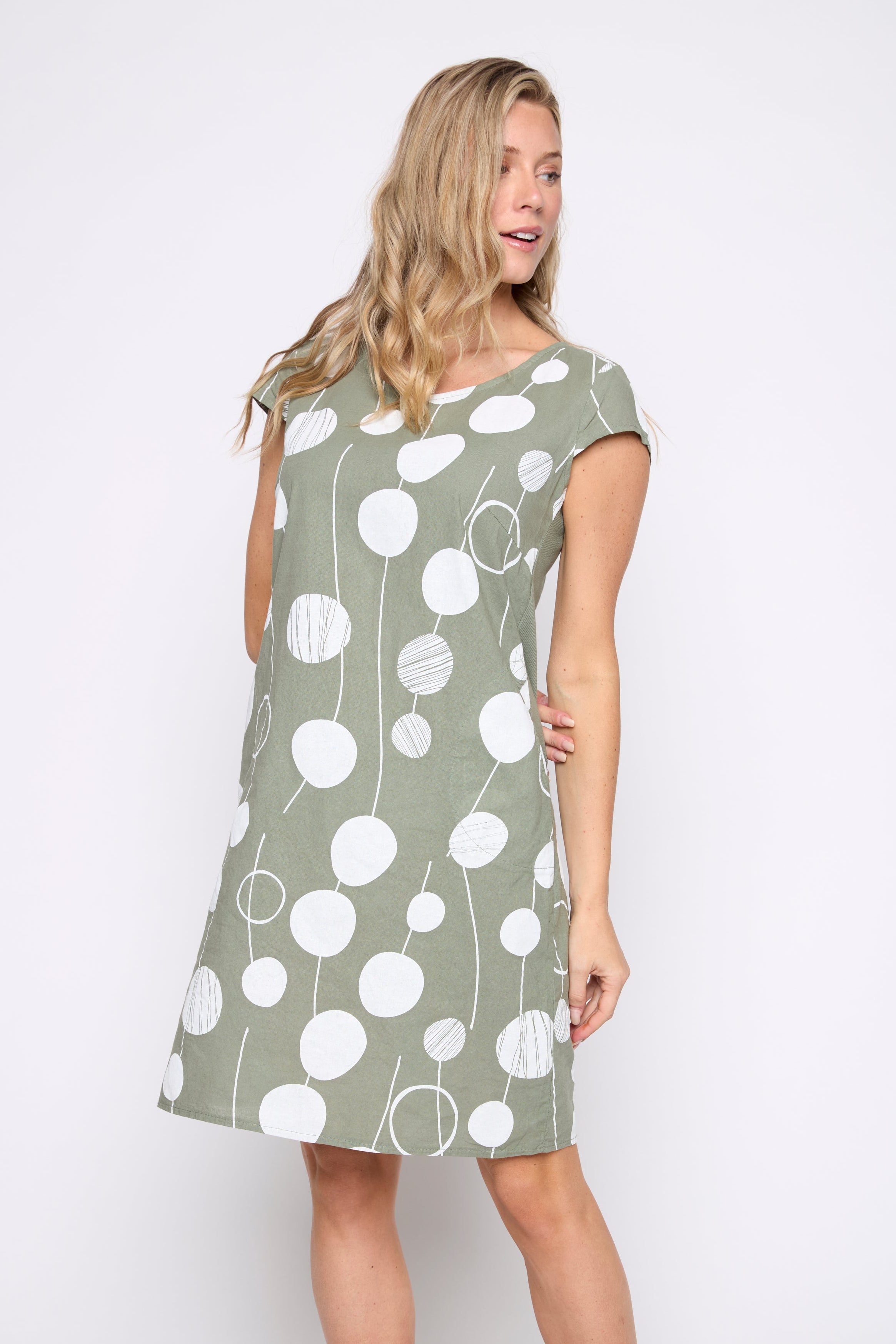 Geo circles print cotton blend dress