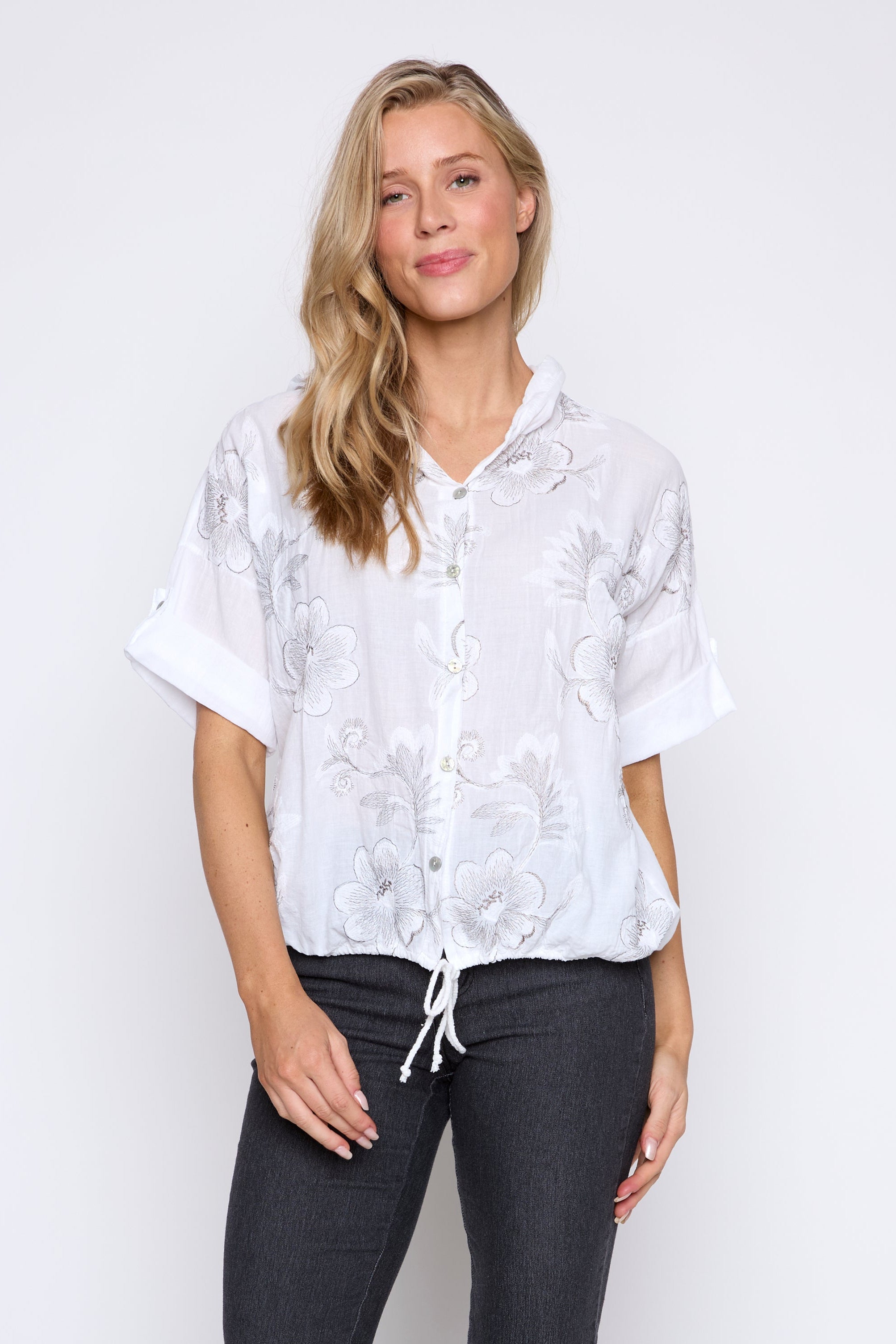 Floral embroidery hoodie blouse