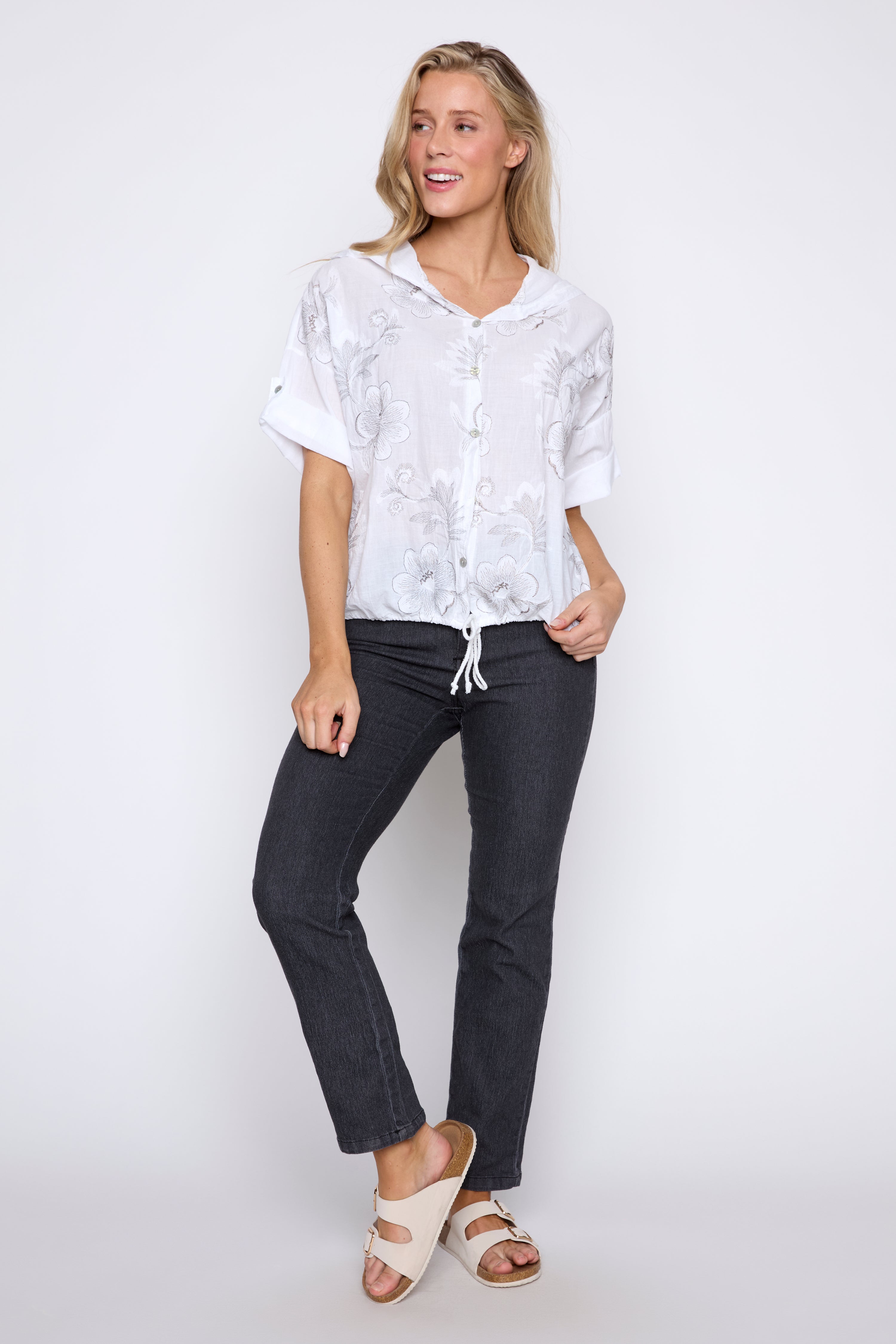 Floral embroidery hoodie blouse
