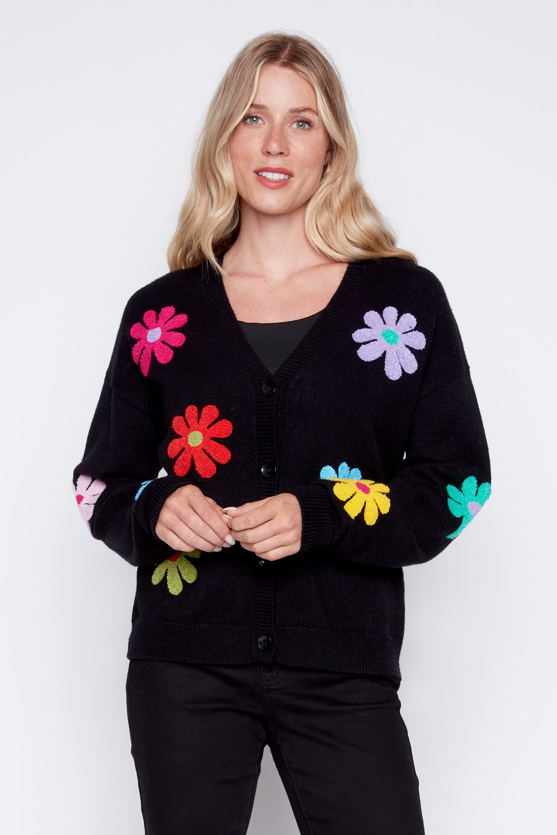 Multi colored floral design cardigan