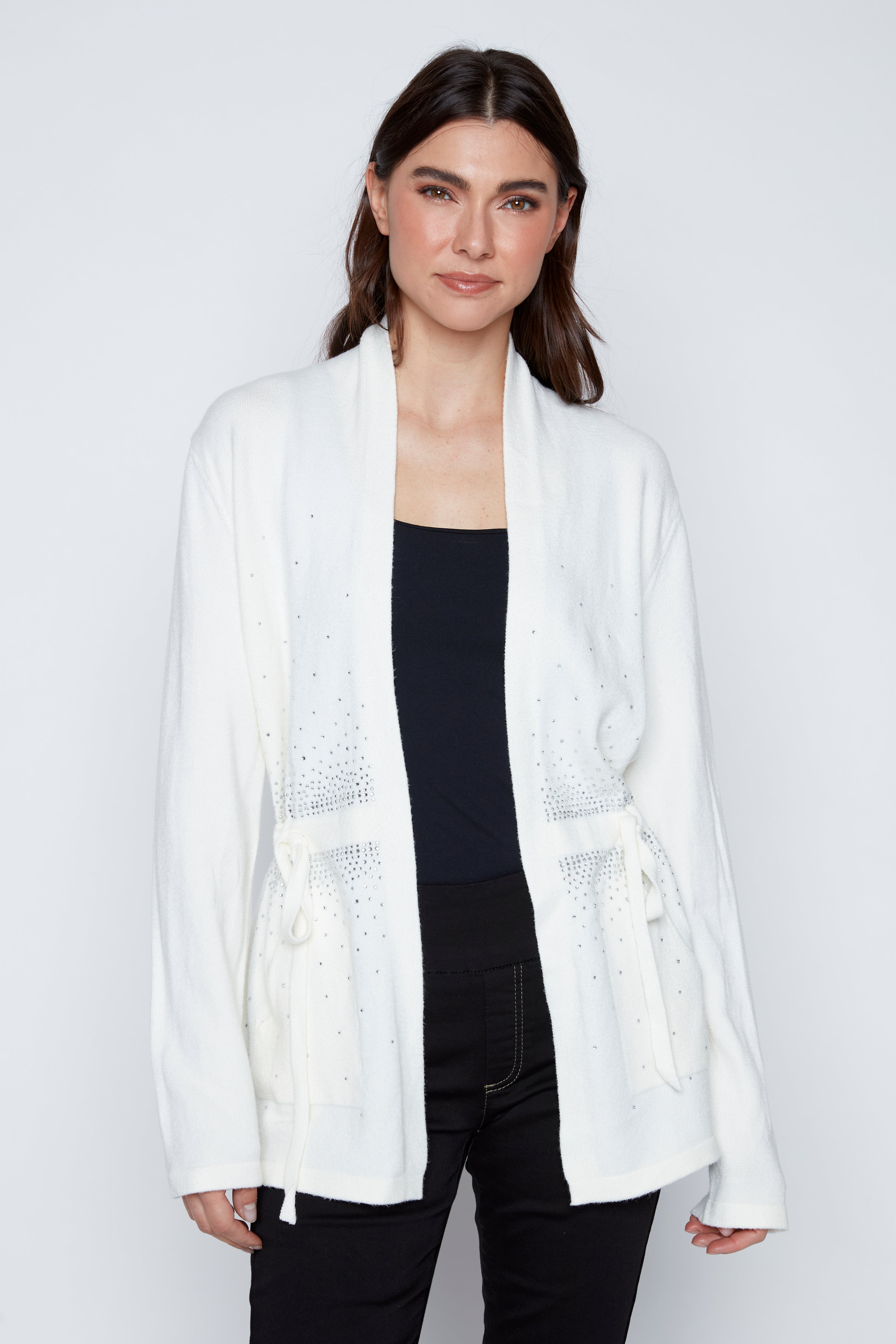 Embellished cardigan with drawstring waist