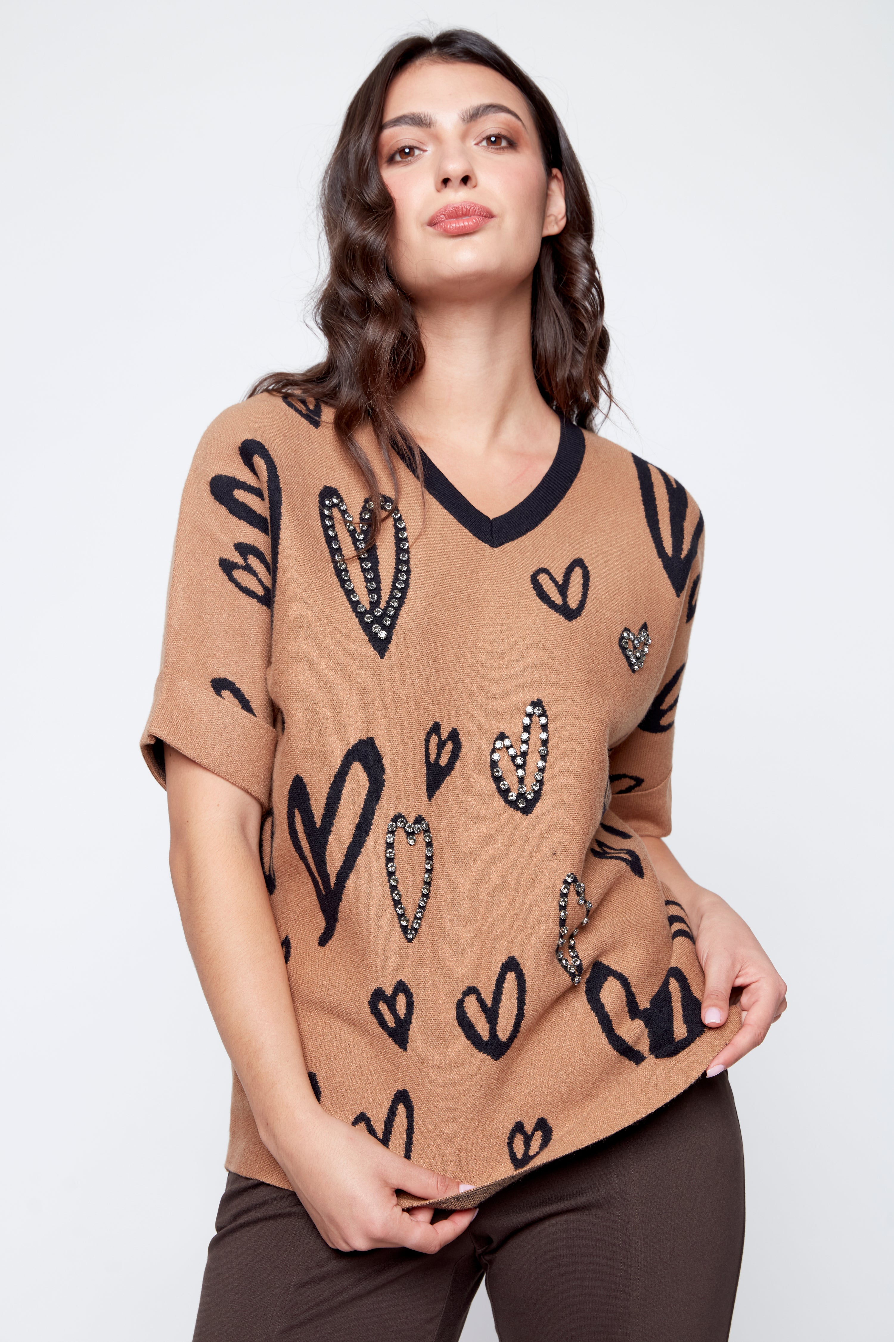 Rhinestone hearts knit sweater