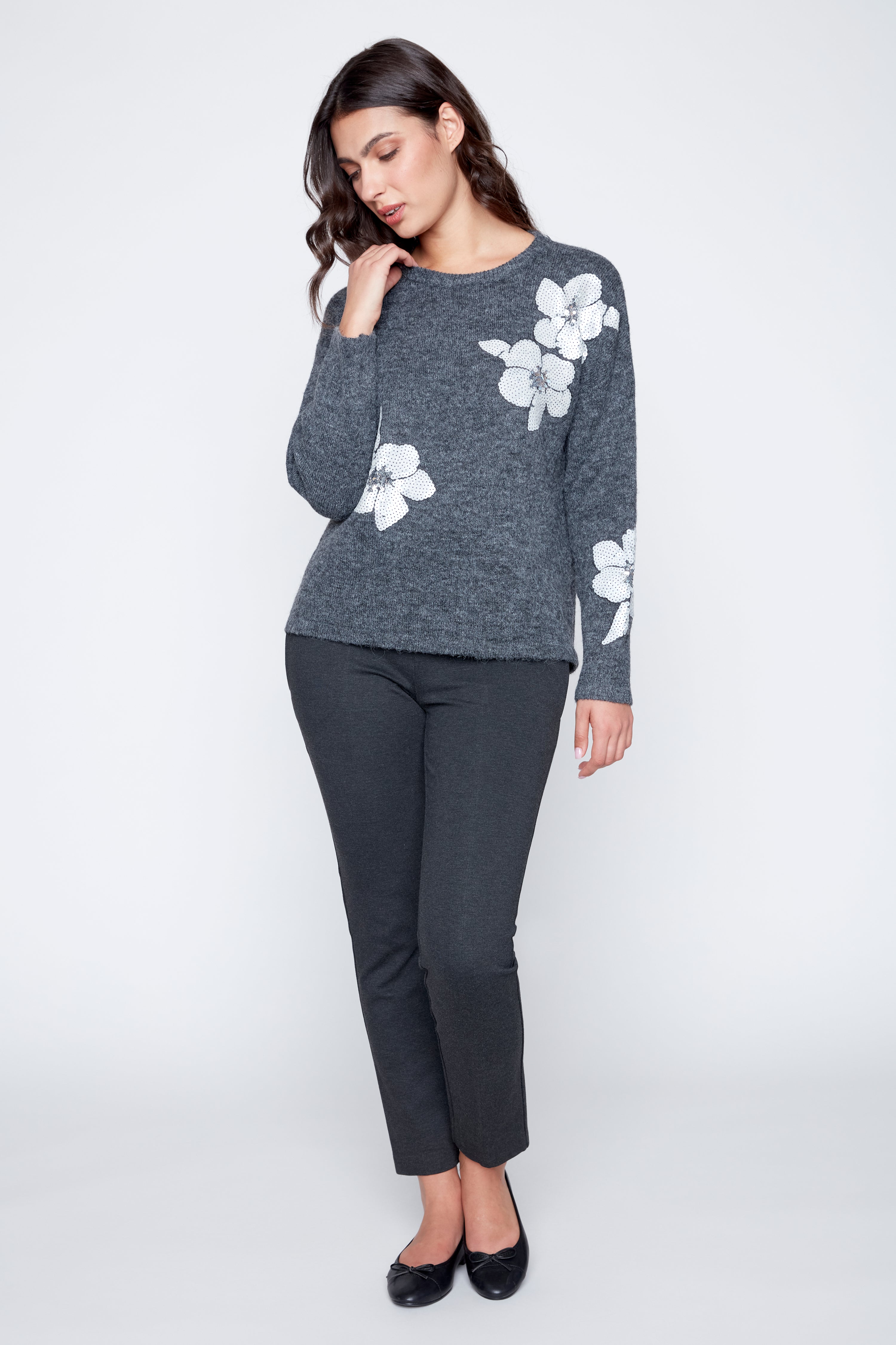 Sequin embroidery floral applique sweater