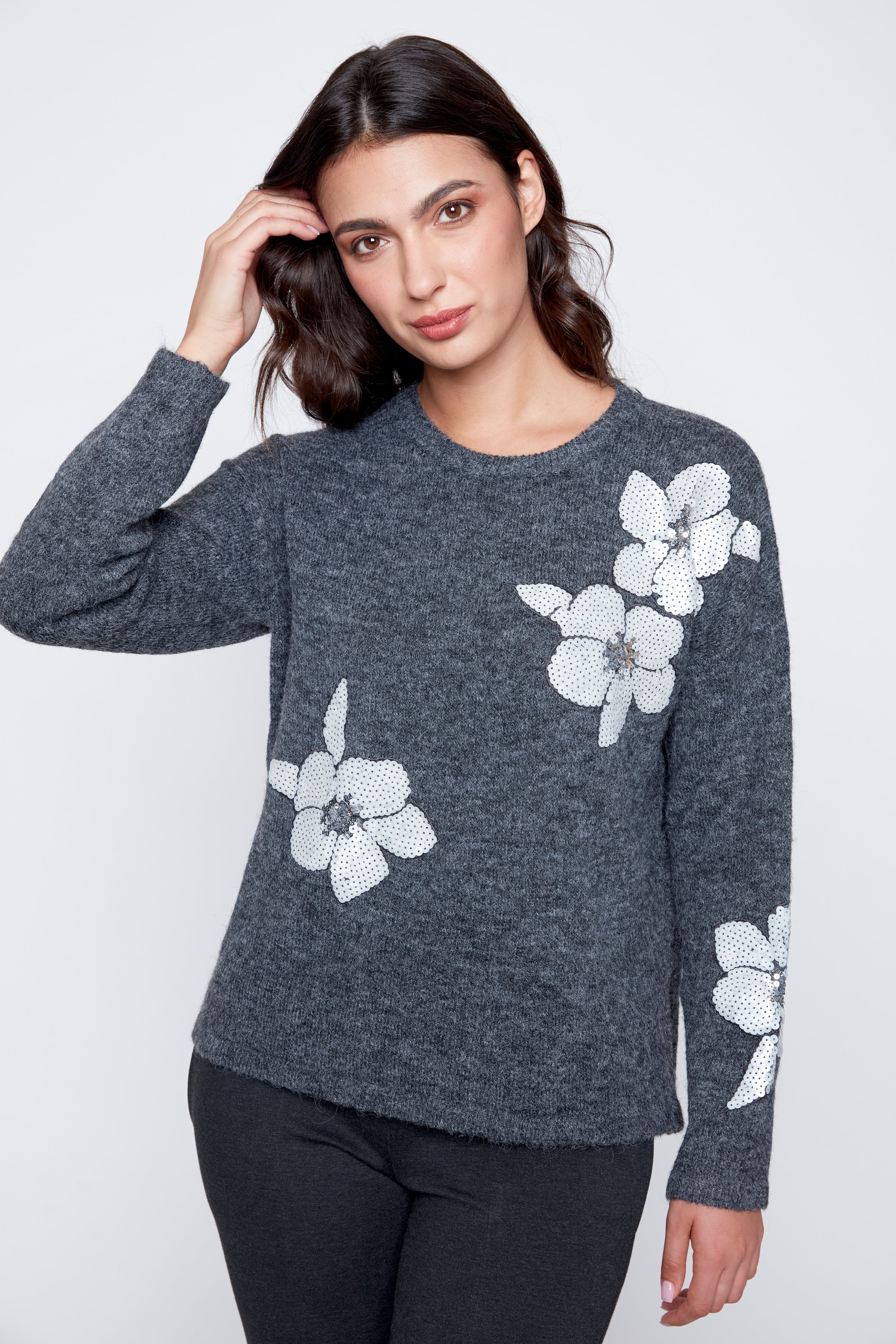 Sequin embroidery floral applique sweater
