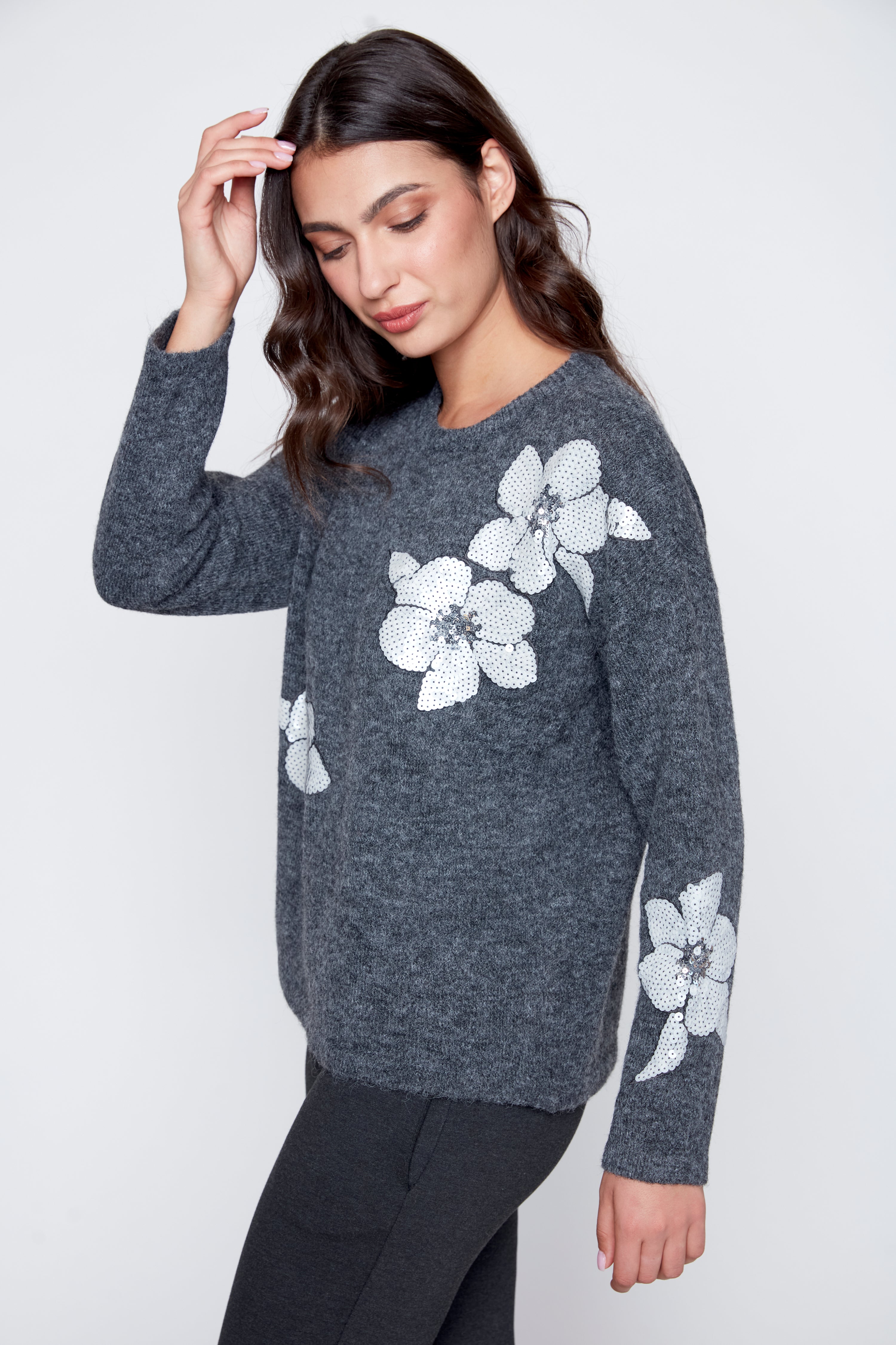 Sequin embroidery floral applique sweater