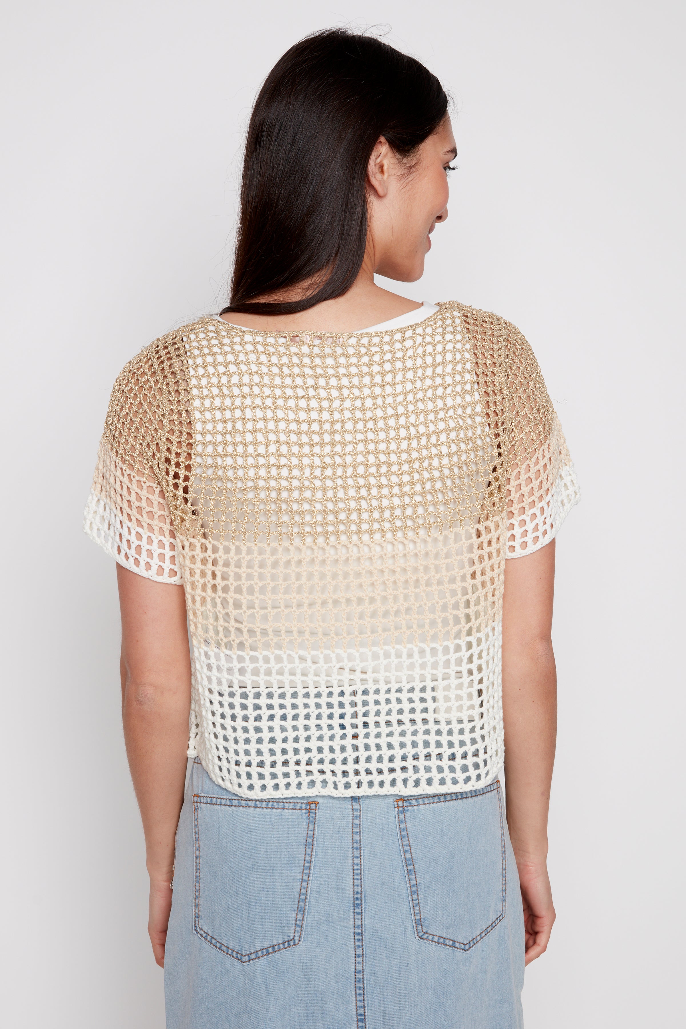Color block lurex crochet top