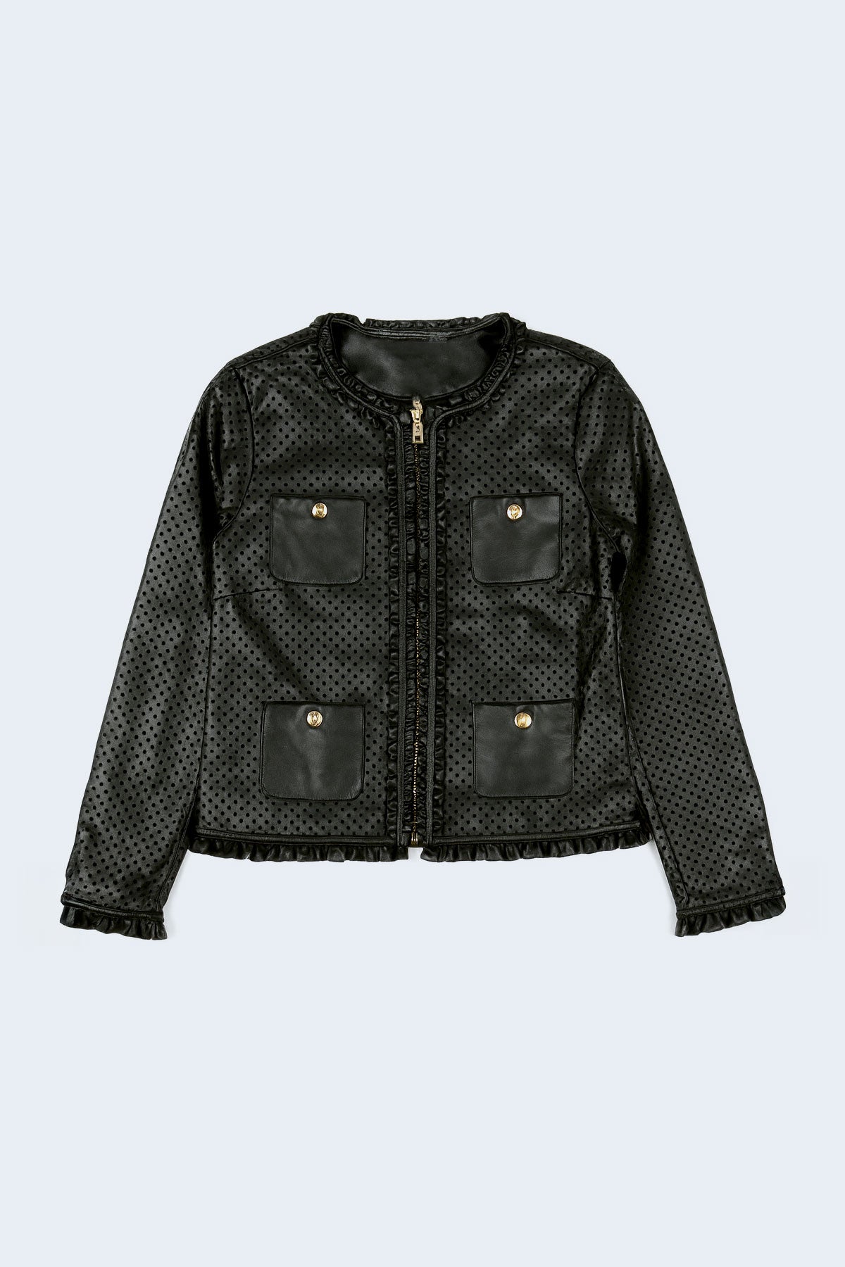 Ruffle trim pleather jacket