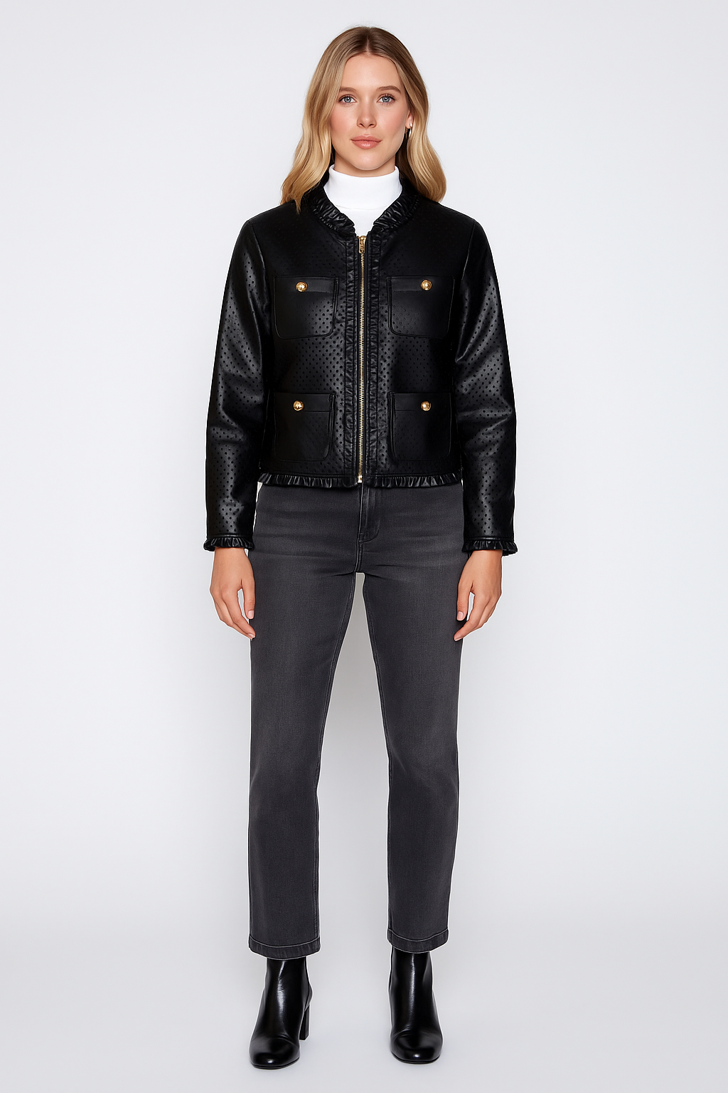 Ruffle trim pleather jacket