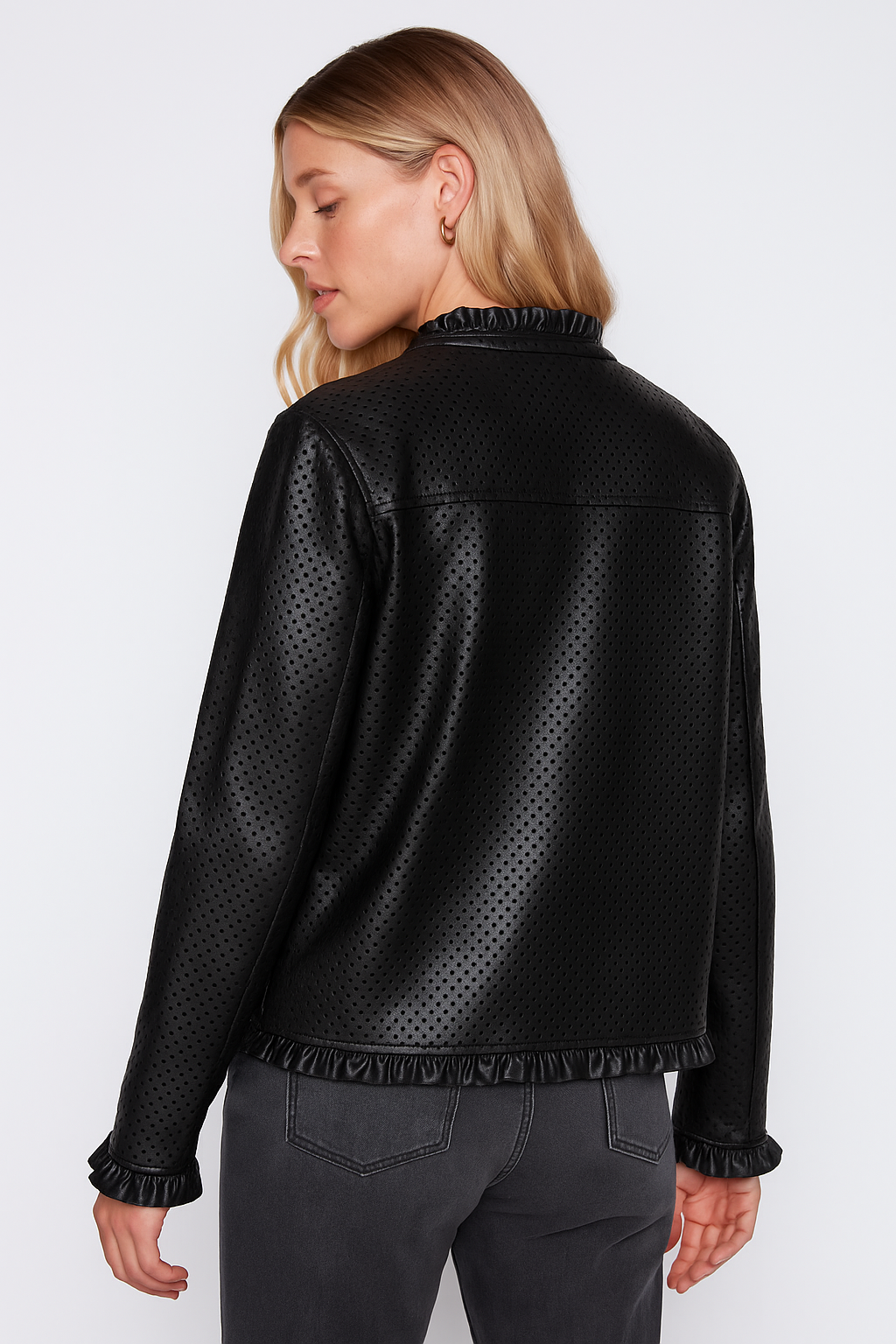 Ruffle trim pleather jacket