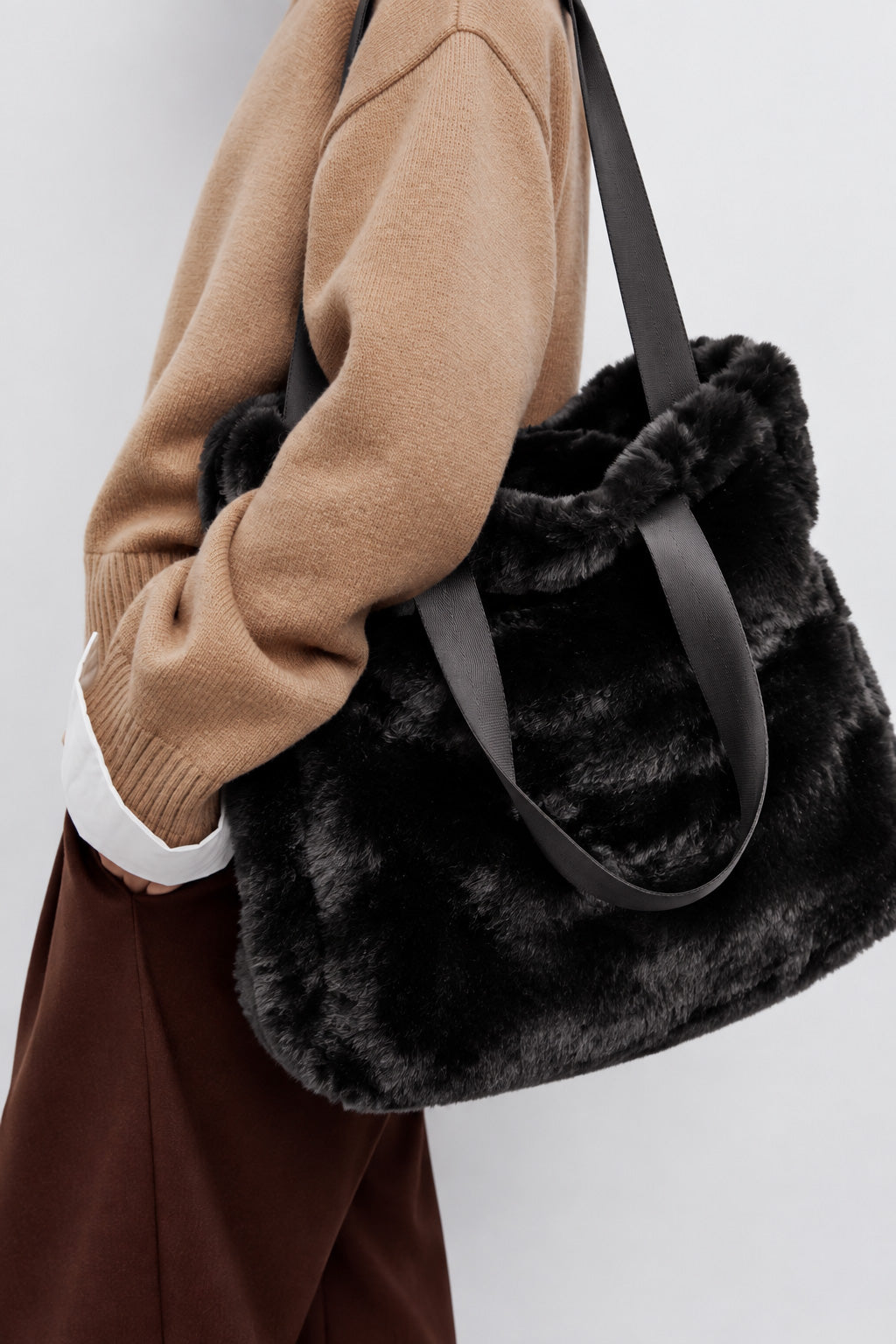 Faux Fur Tote Bag with Contrast Straps