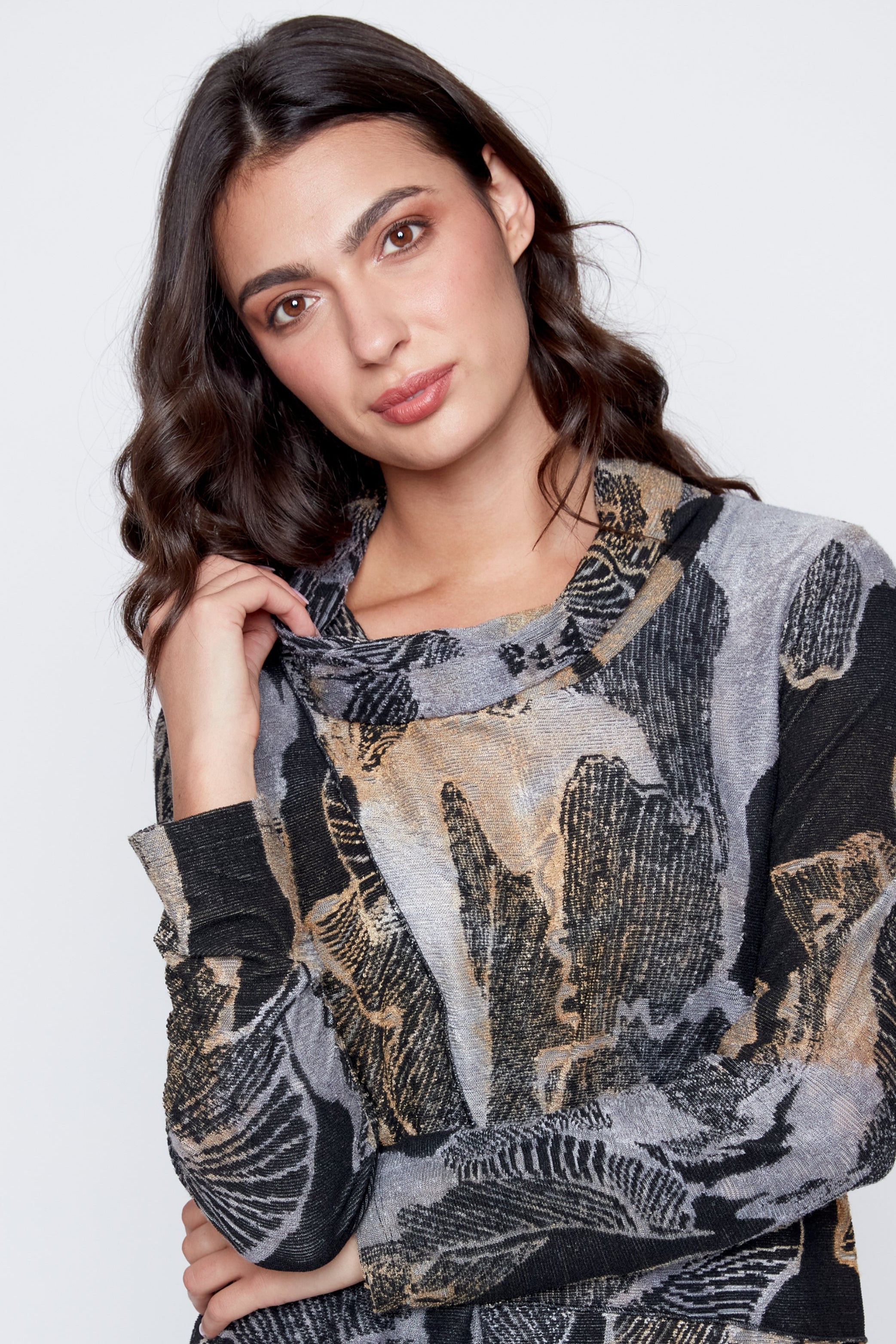 Cowl neck printed jacquard top