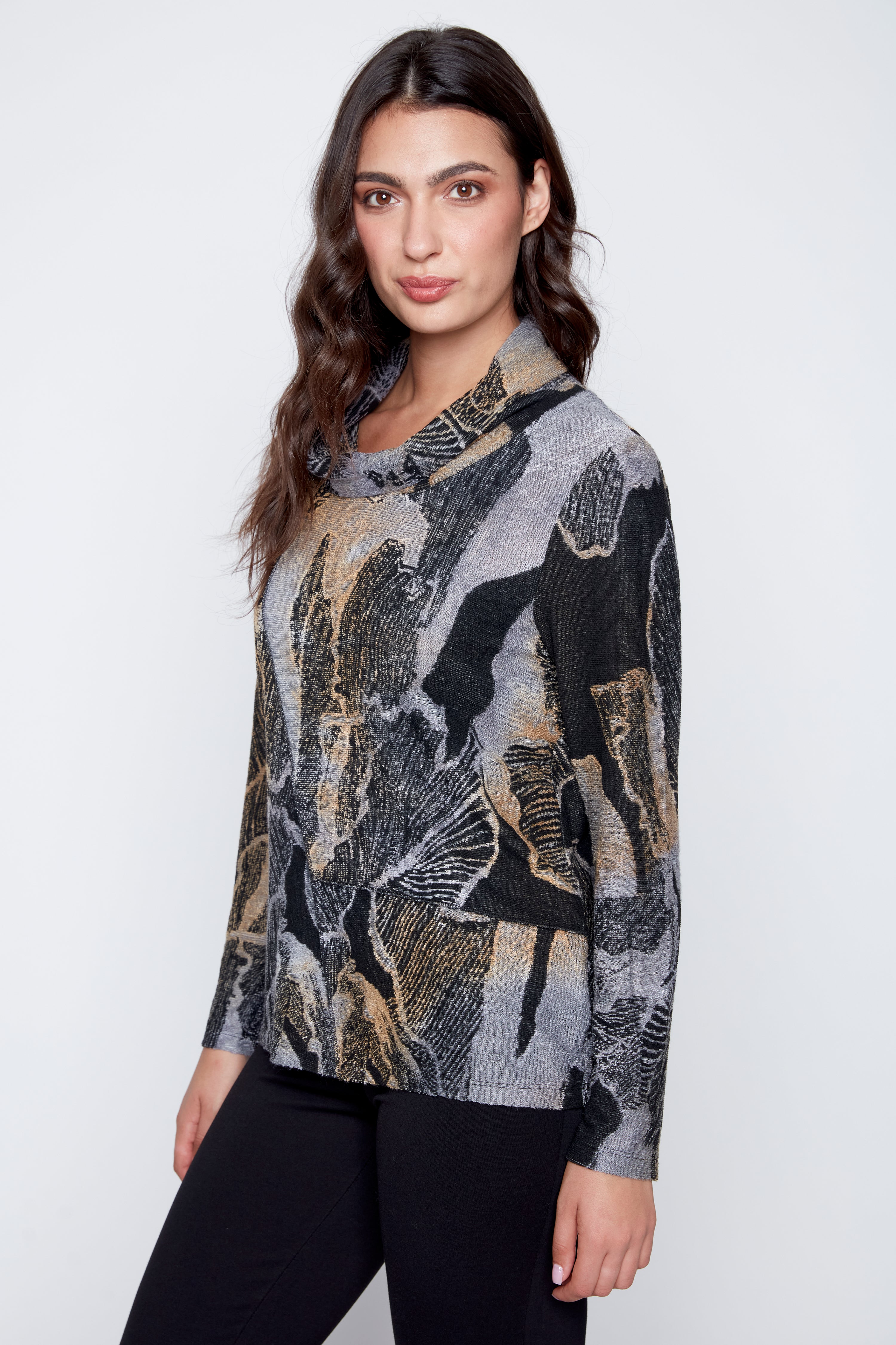 Cowl neck printed jacquard top