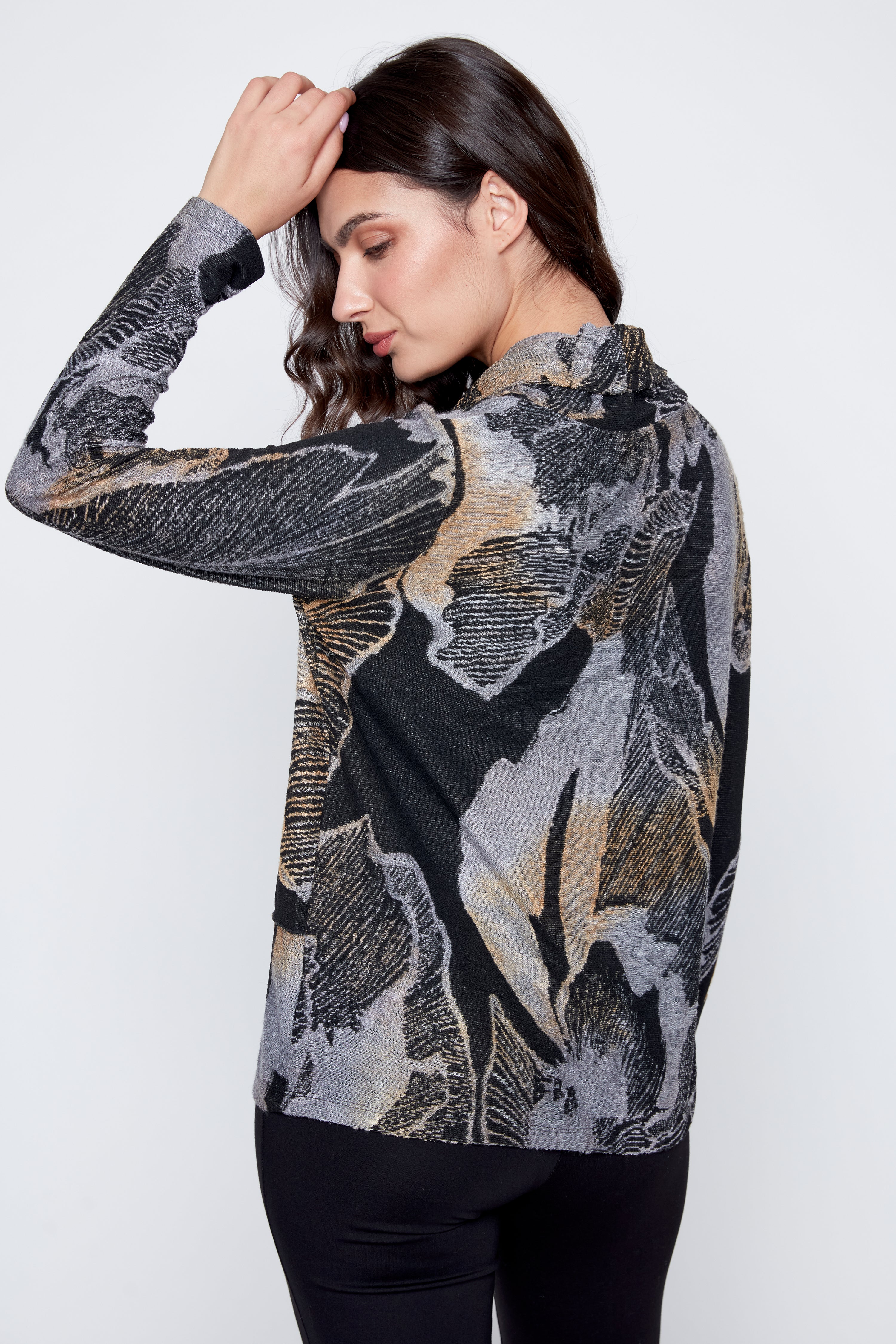 Cowl neck printed jacquard top