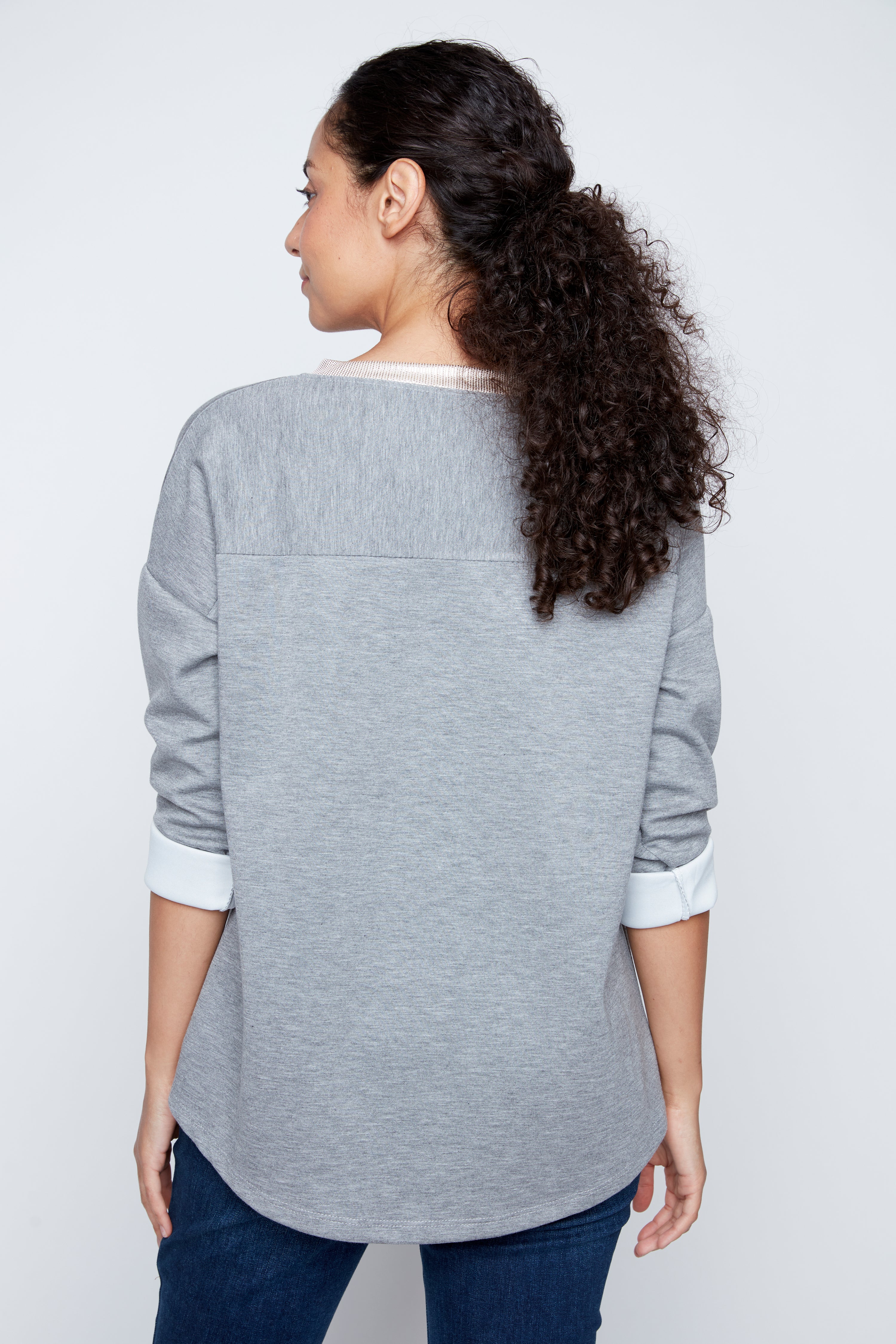 Foil sunflower with crochet applique sweater