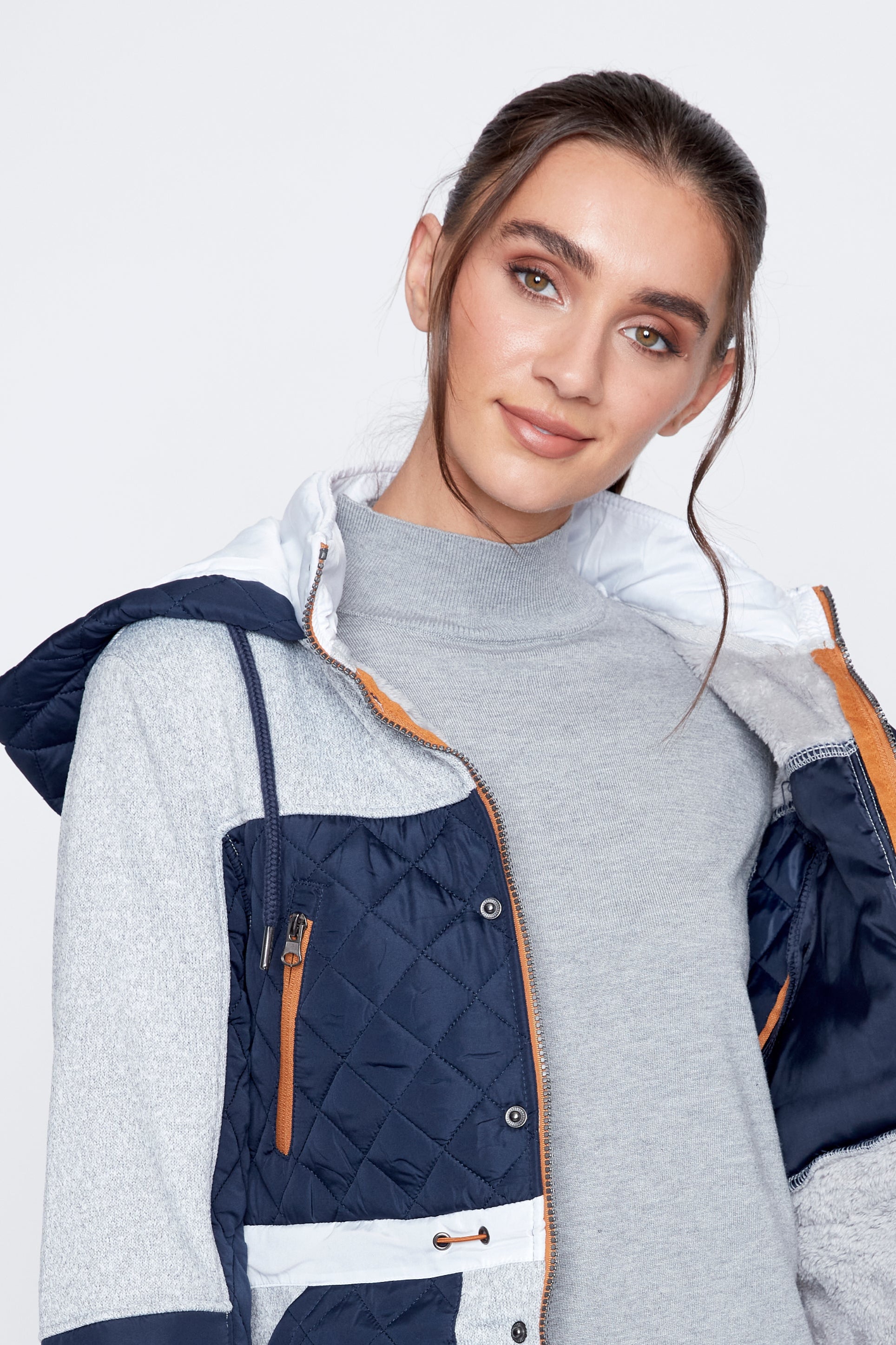 Color block mix media quilt jacket