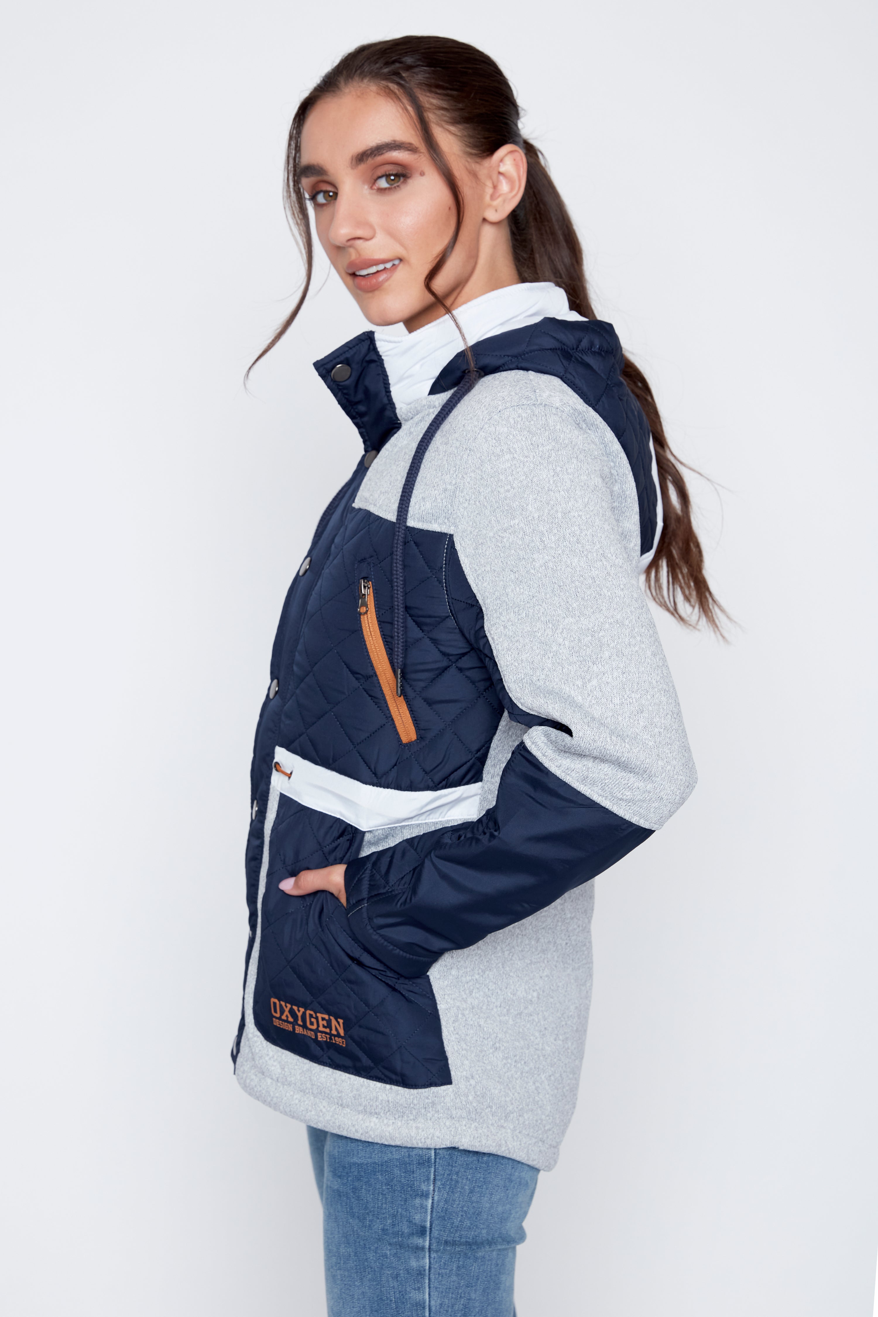 Color block mix media quilt jacket