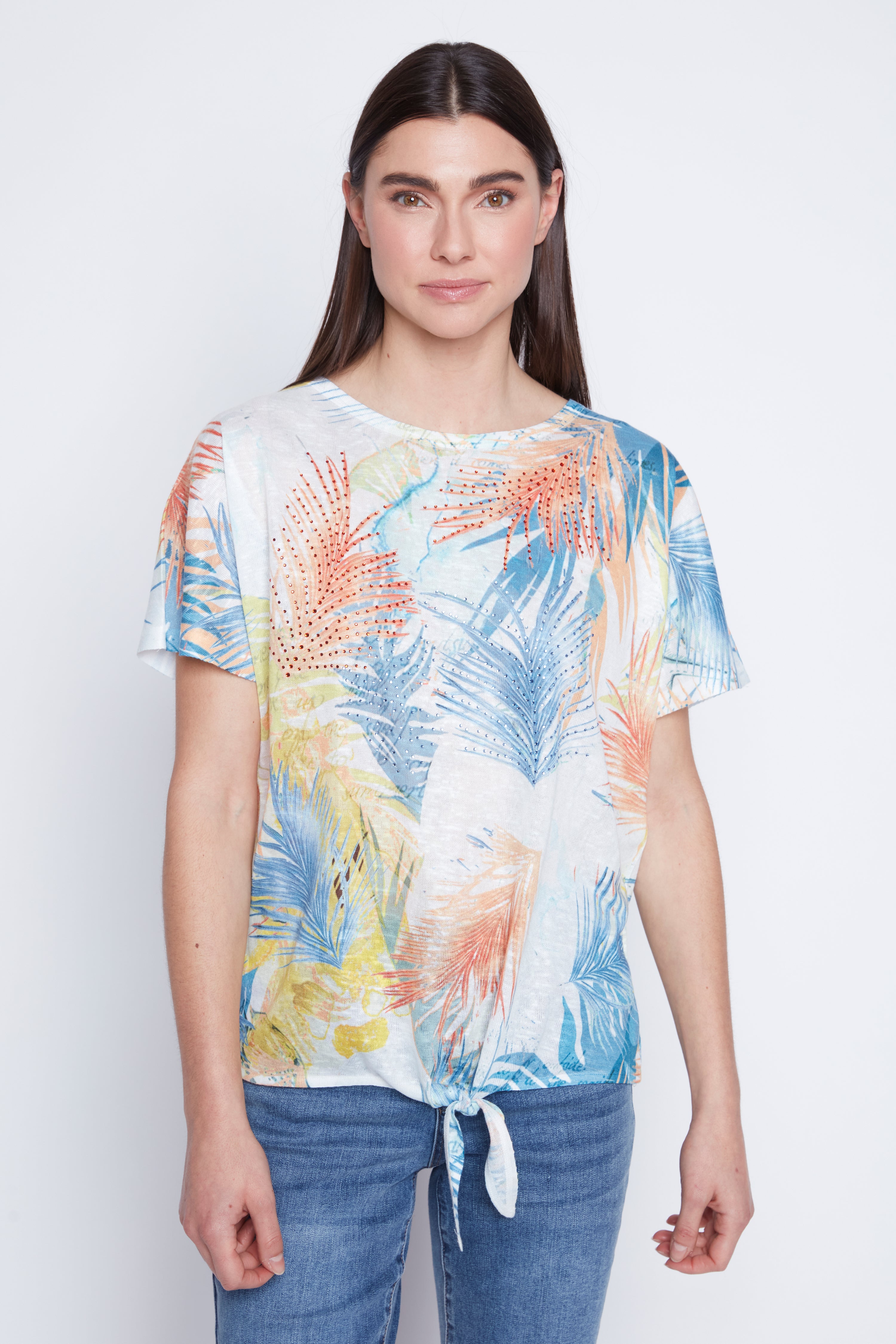Tropical print knot front top