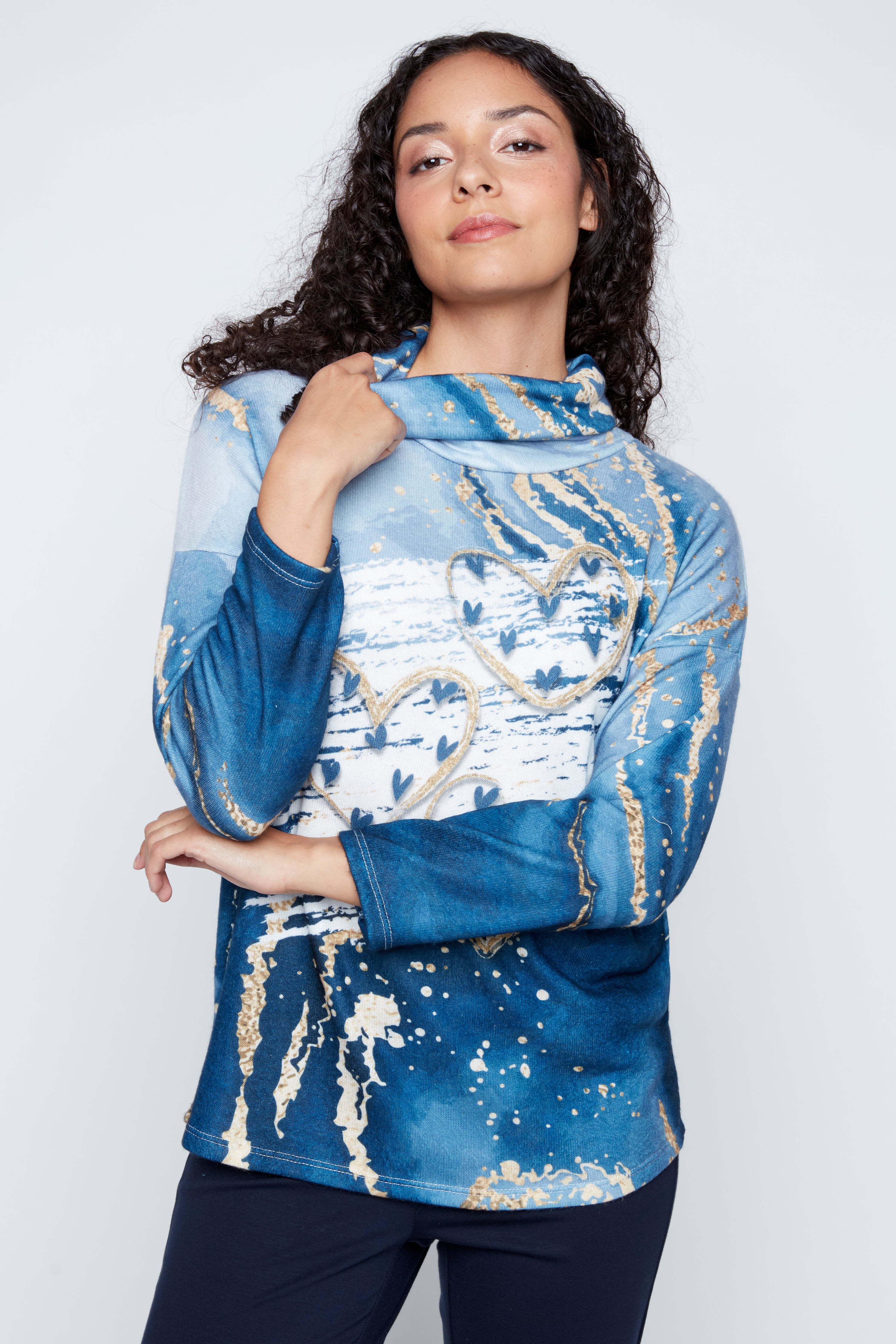 Indigo hearts cowl neck top