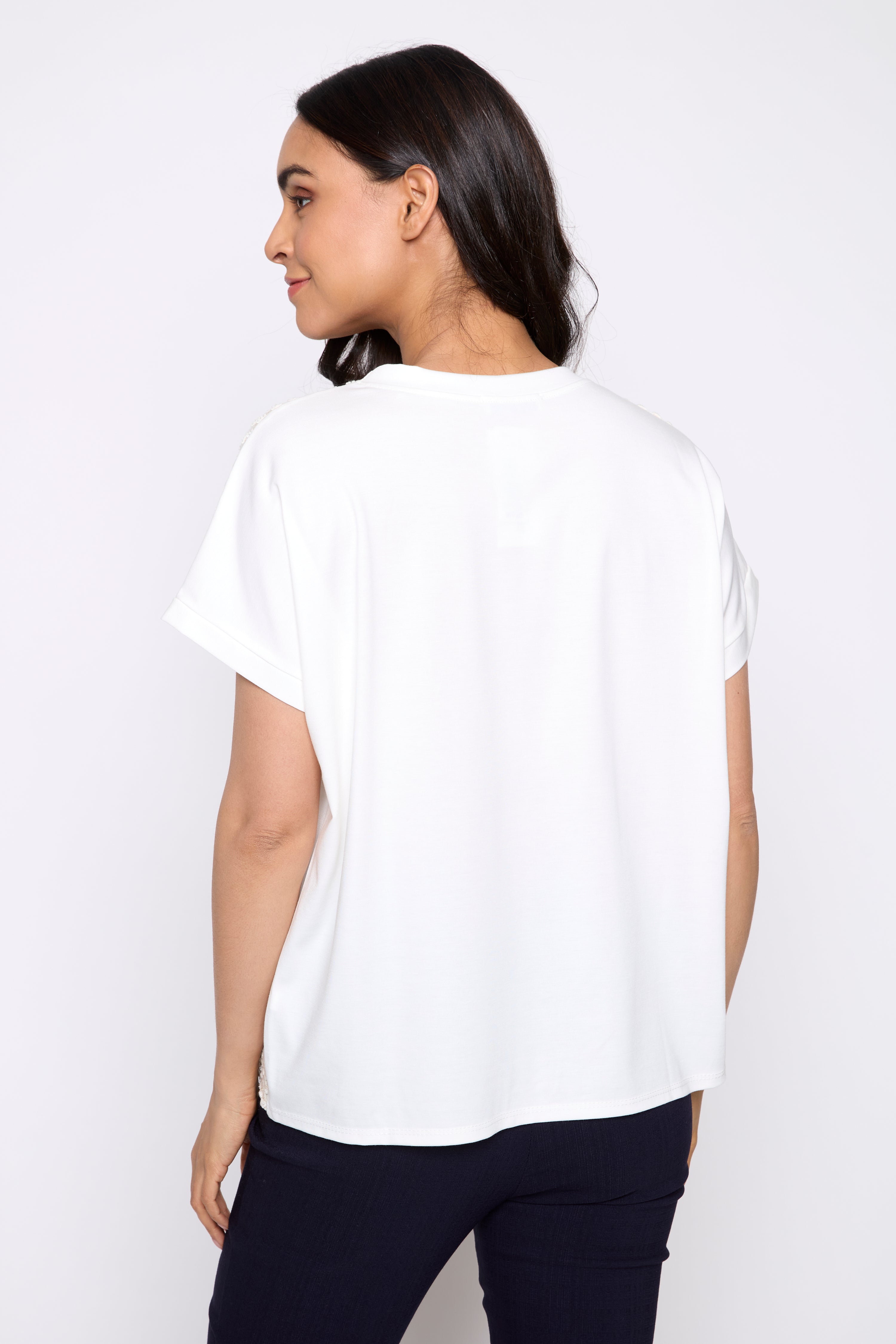 Foil heart print crochet trim top