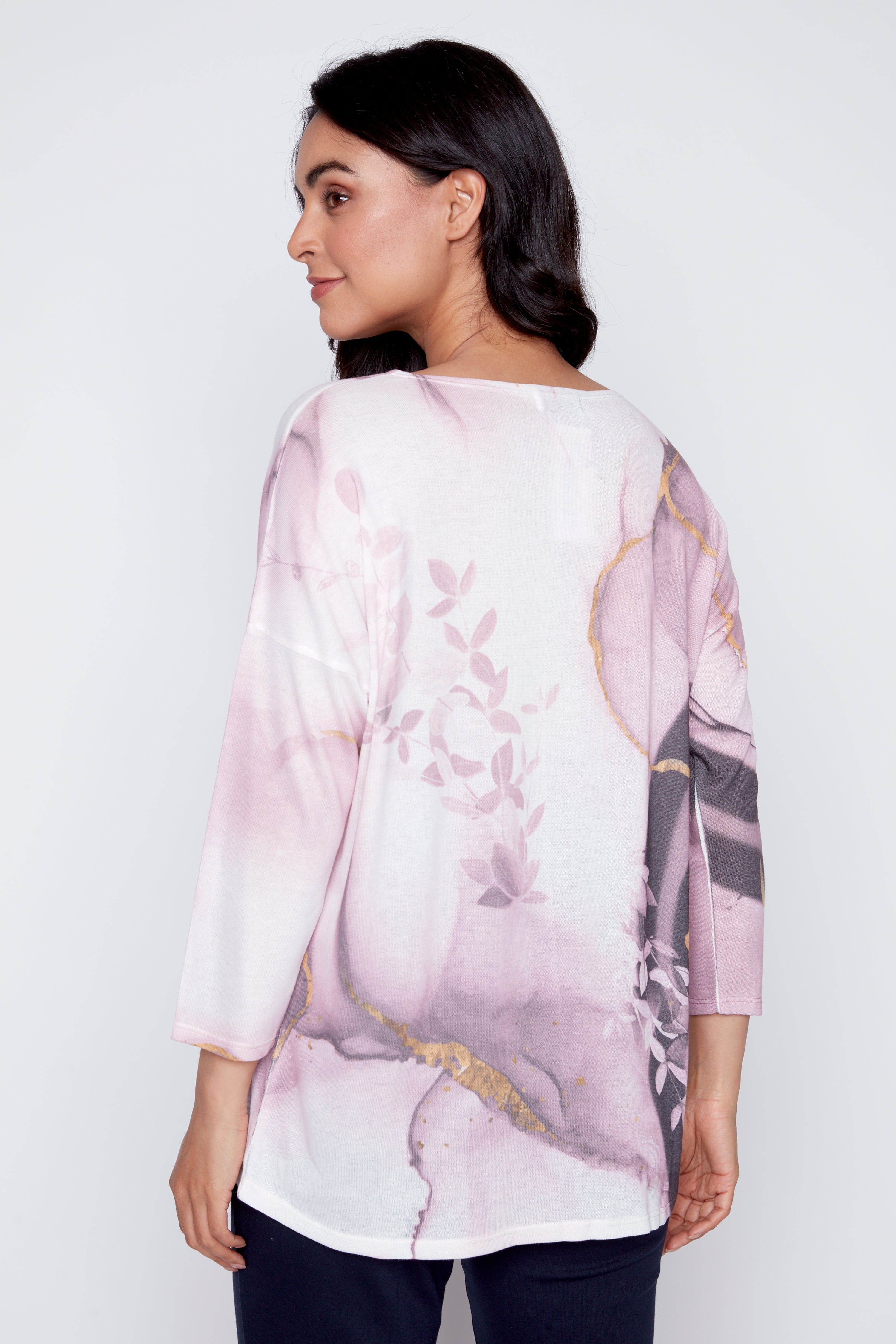 Marbled floral print knit top