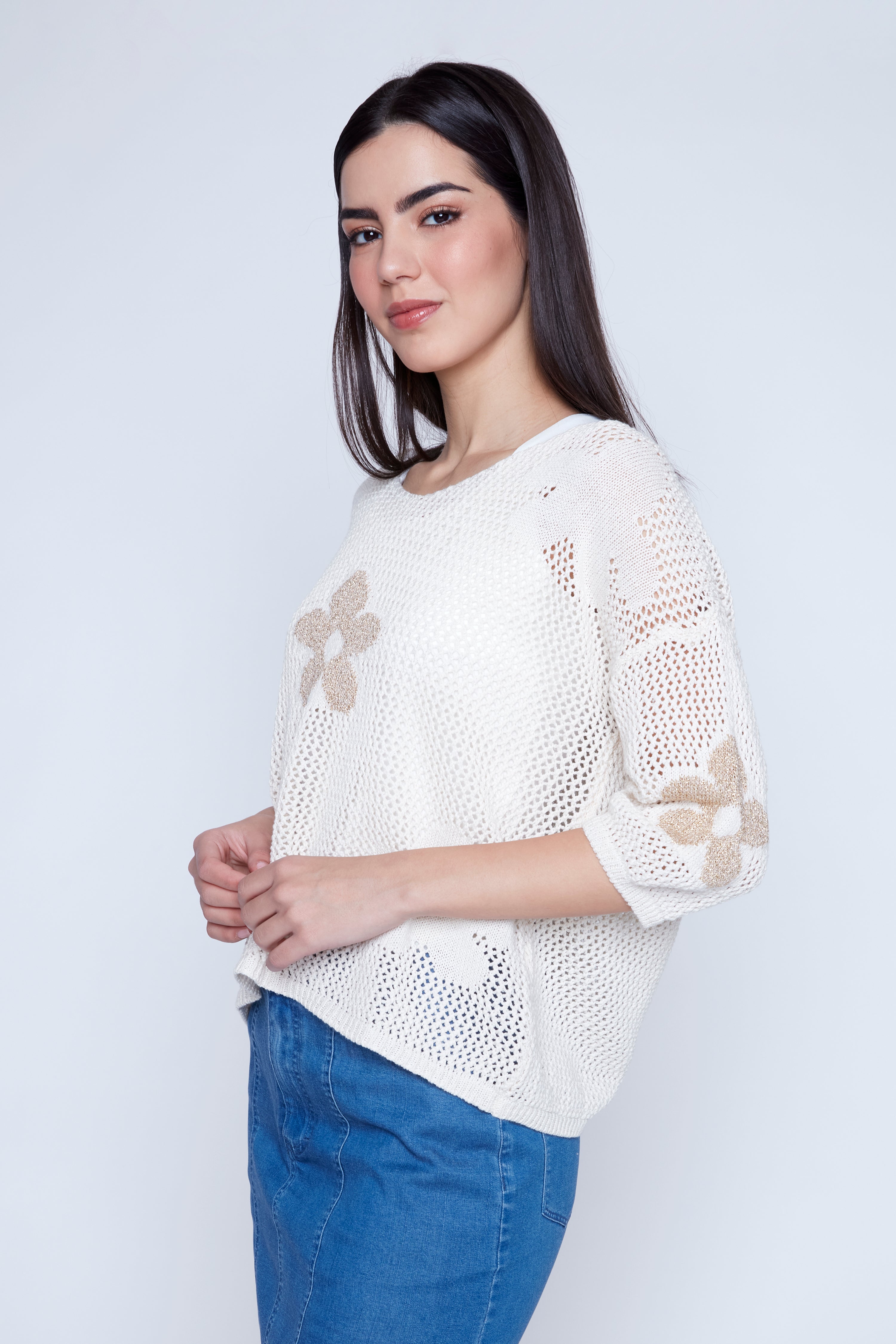 Gold flower print sweater