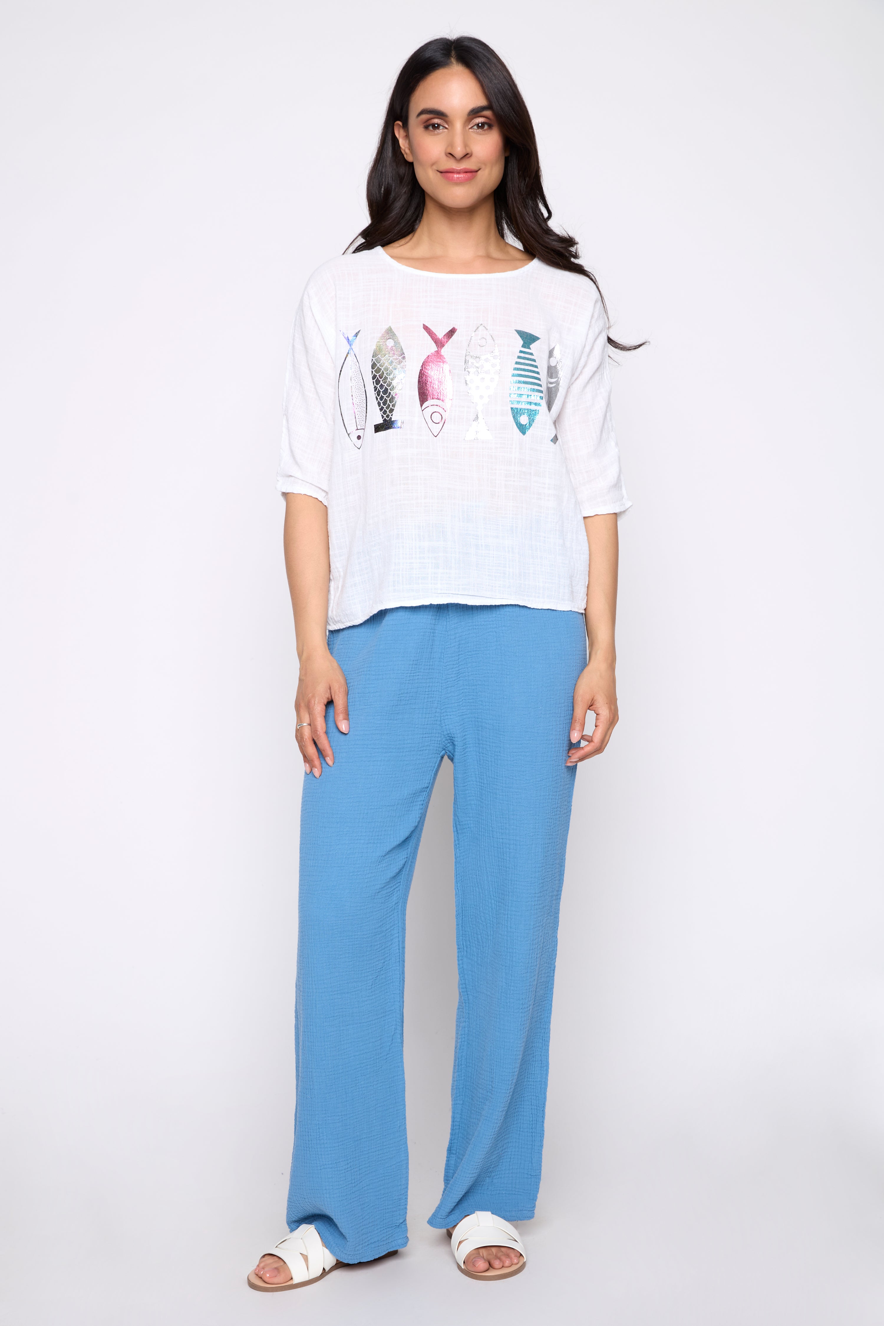 Fish print cotton gauze top