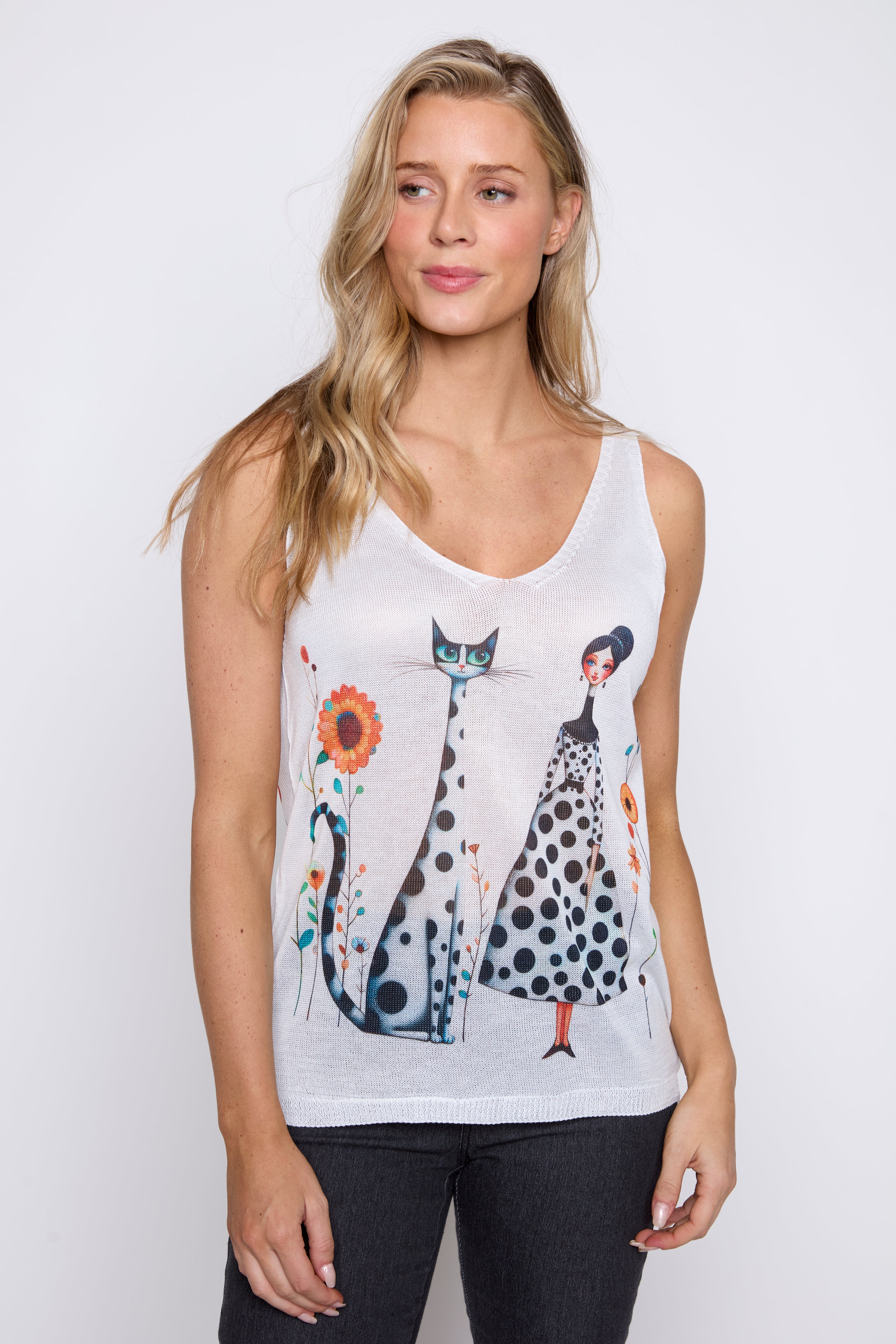 Woman and cat print sweater