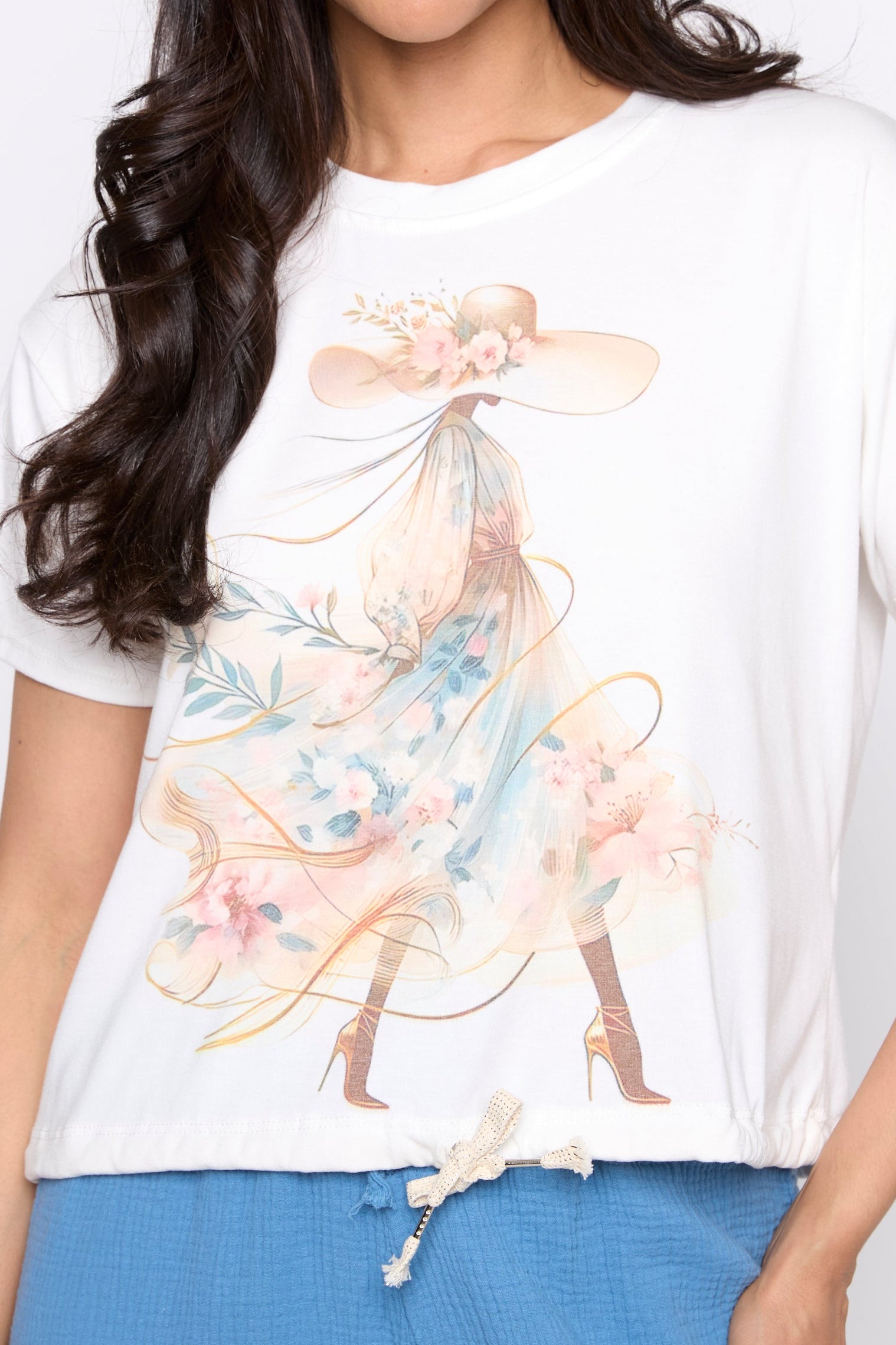 Portrait print drawstring t-shirt