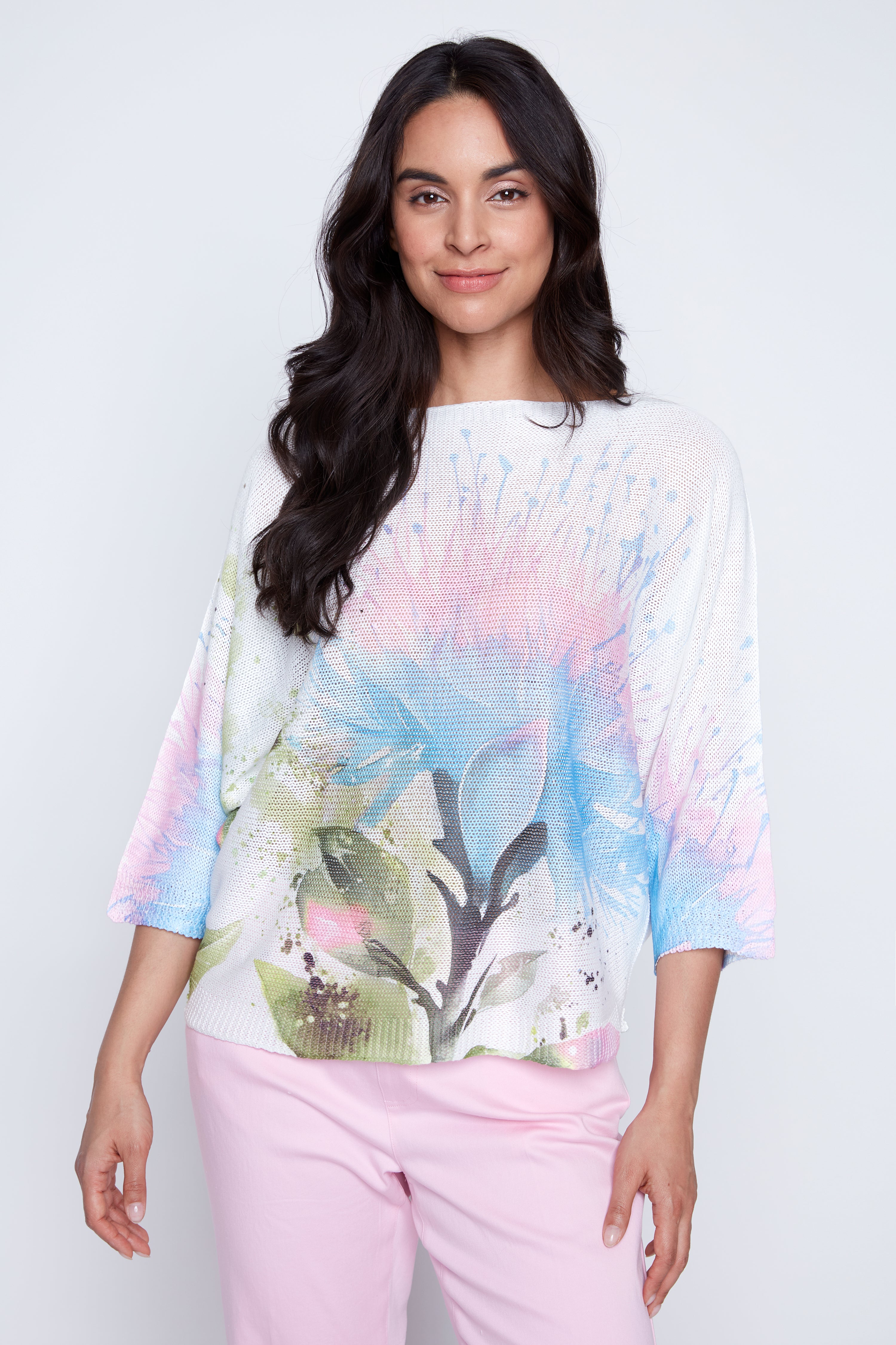 Floral splash print knit sweater