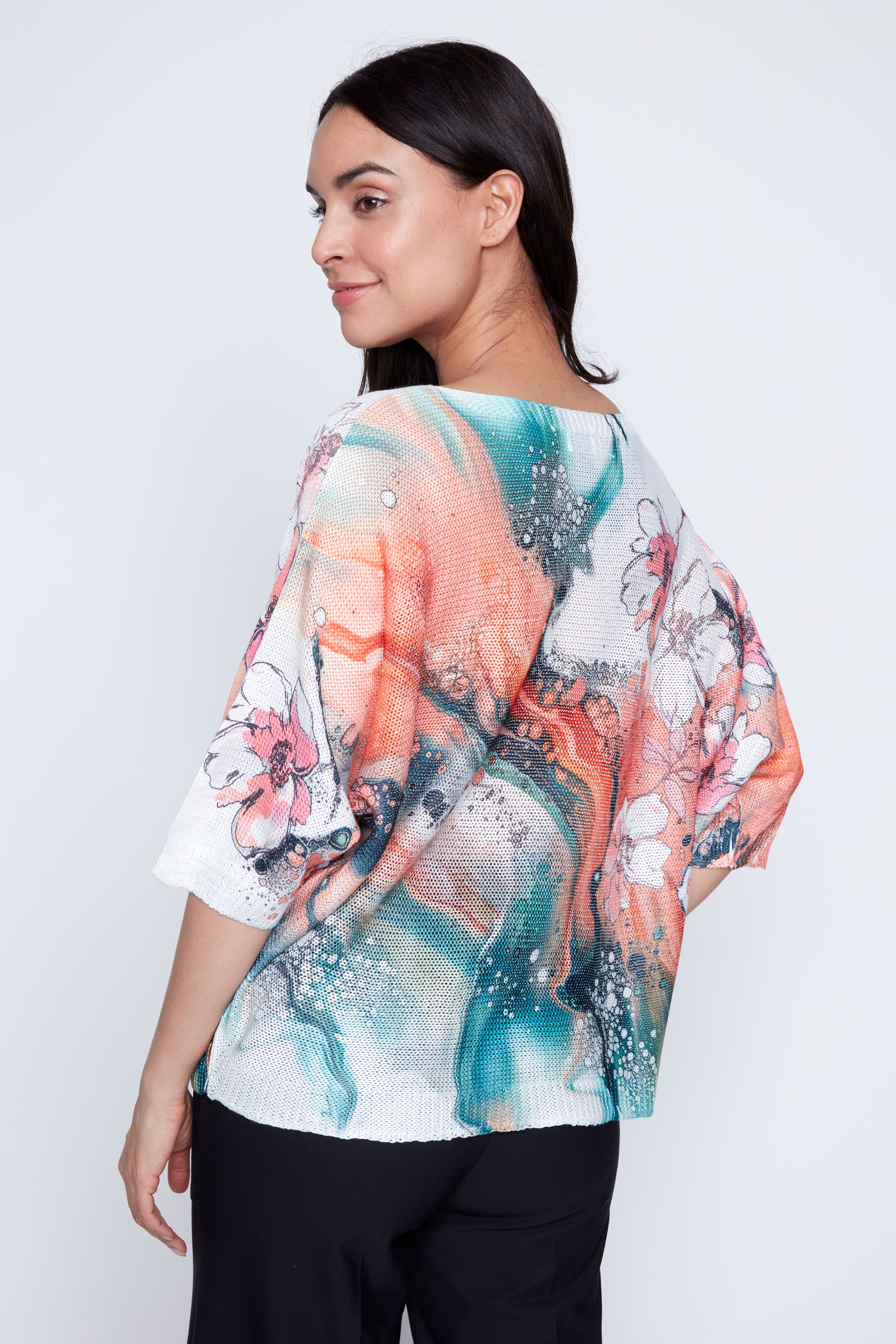 Floral marble print knit sweater