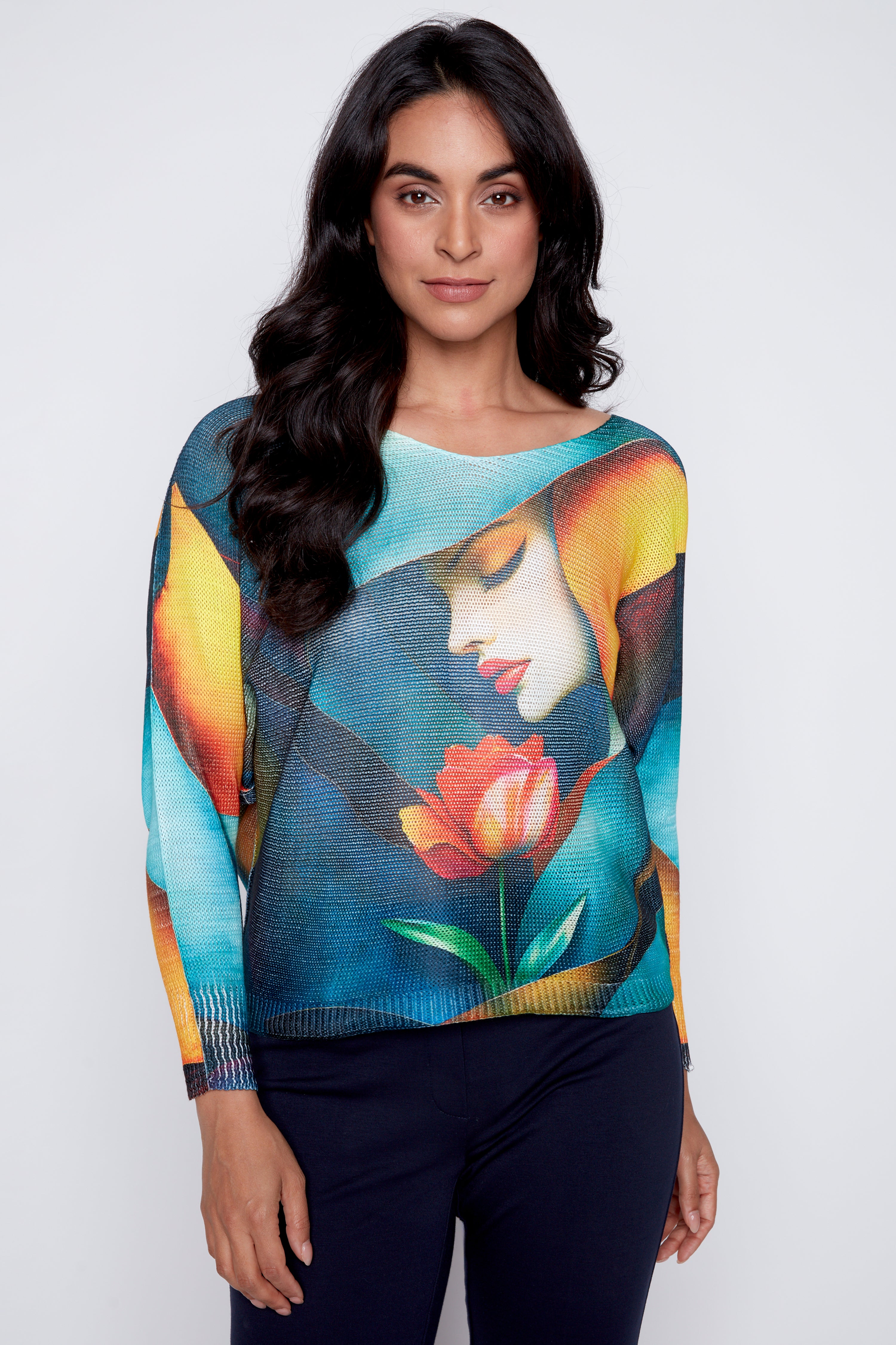 Lady with flower print sweater