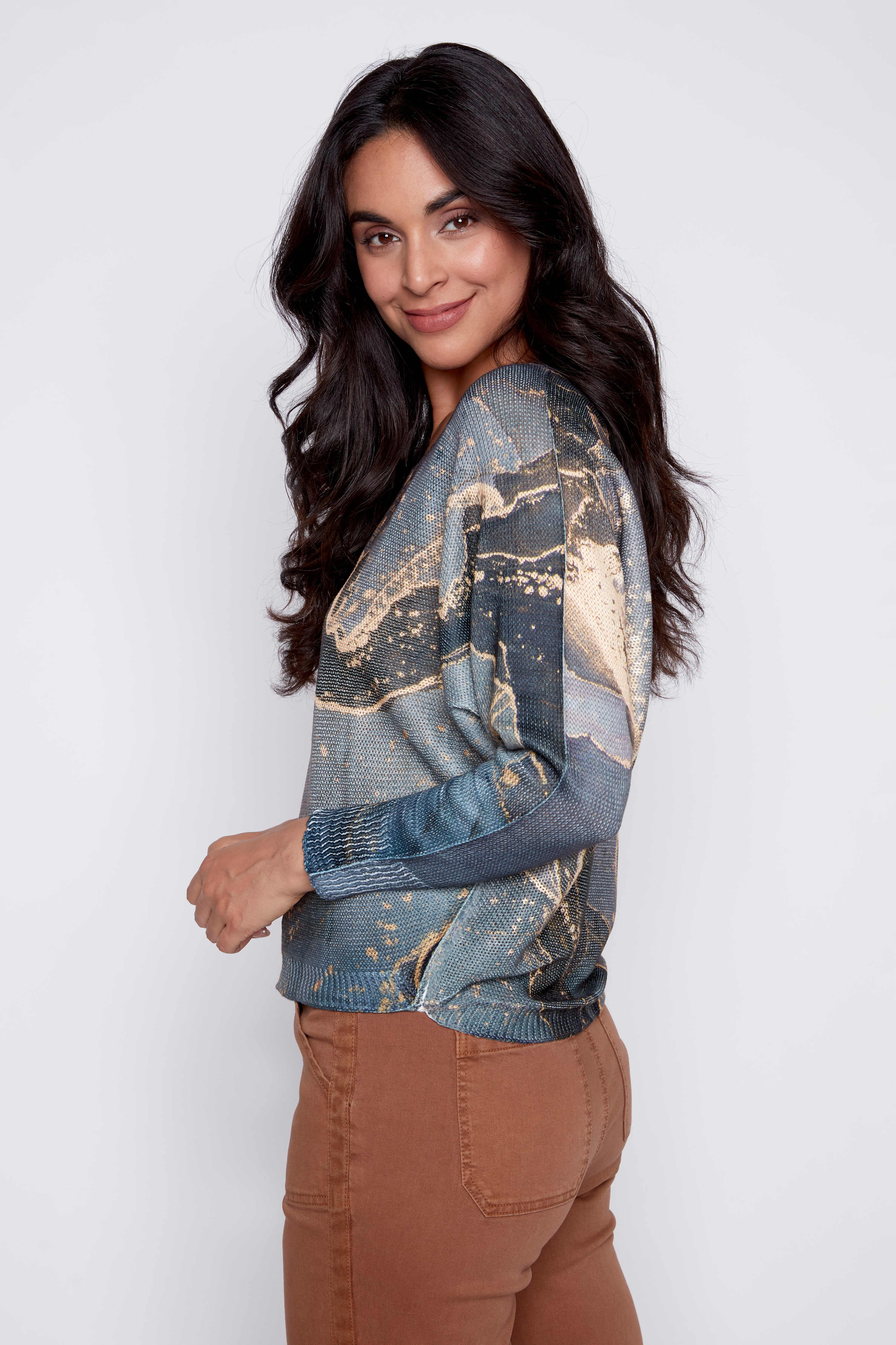 Abstract print sweater with foil detail
