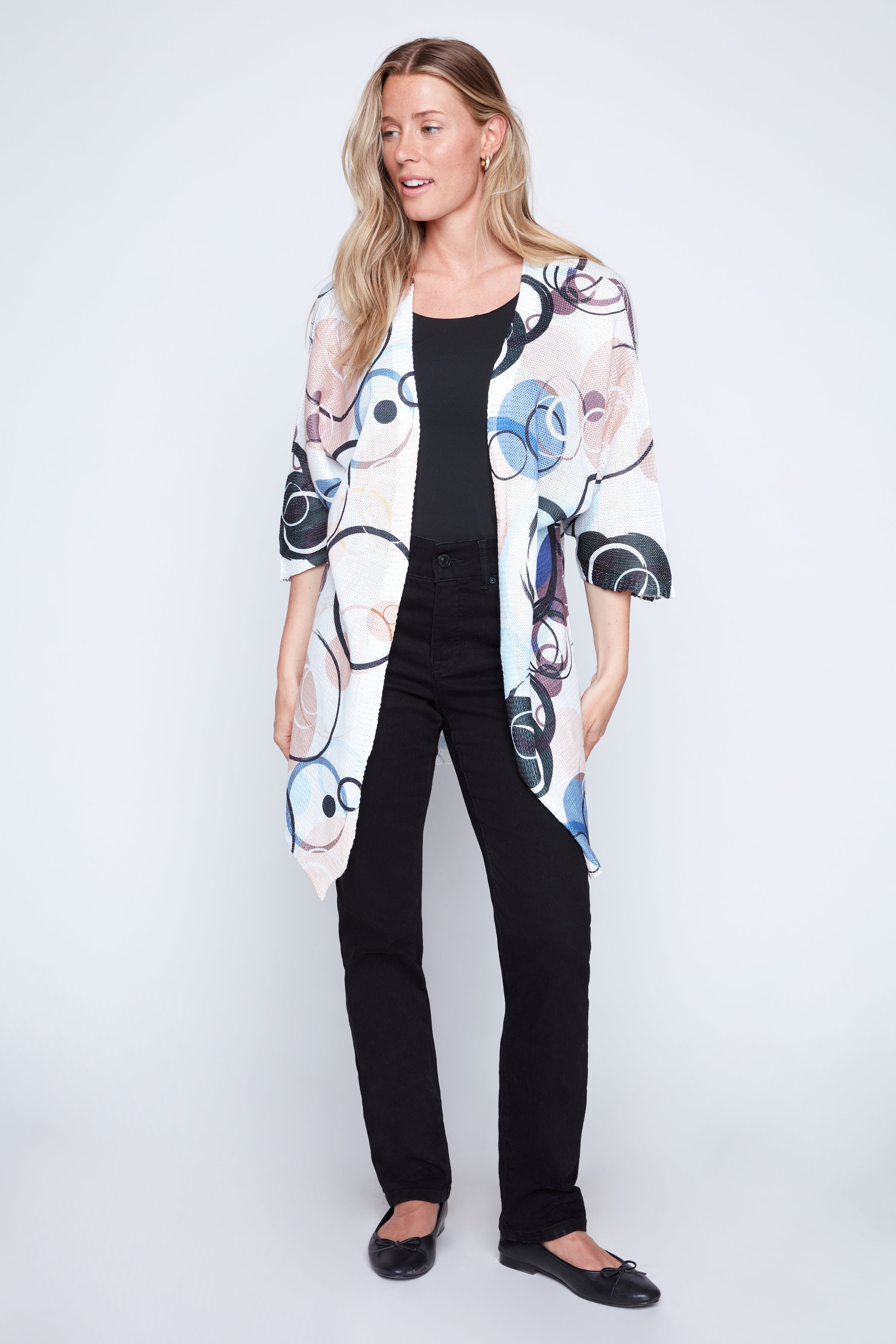 Circle print open front cardigan
