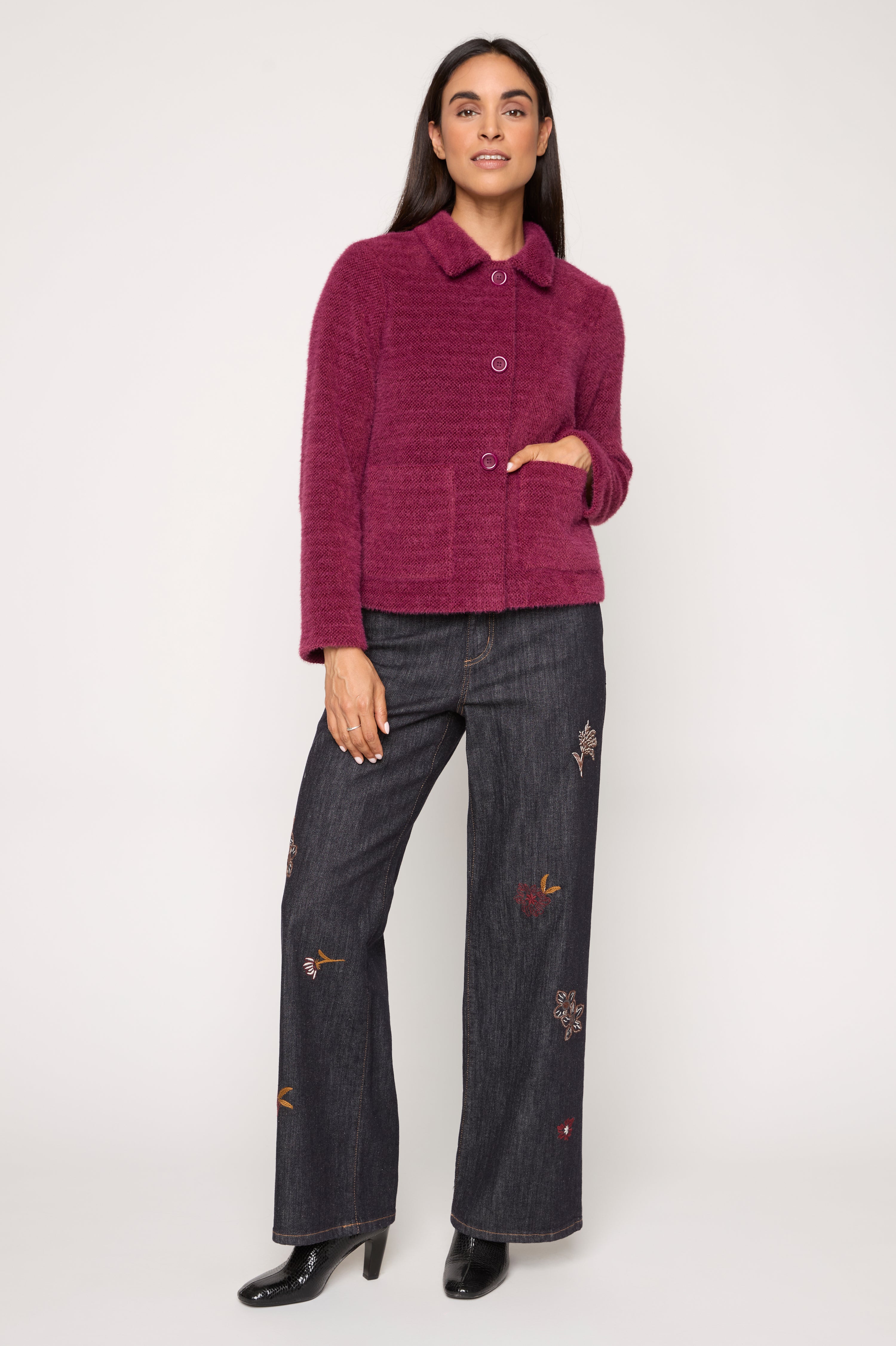 Eyelash-Knit Button-Front Jacket