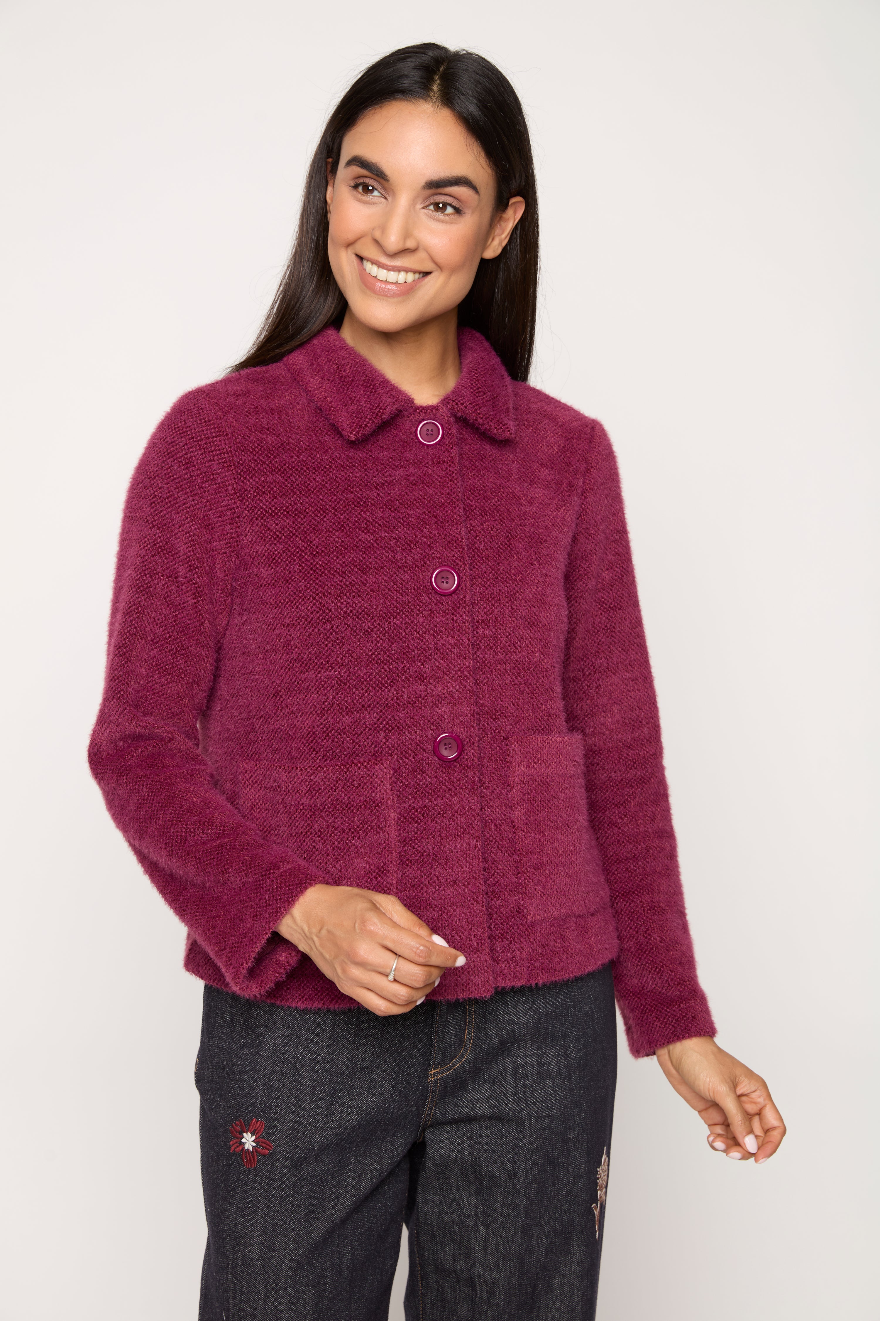 Eyelash-Knit Button-Front Jacket